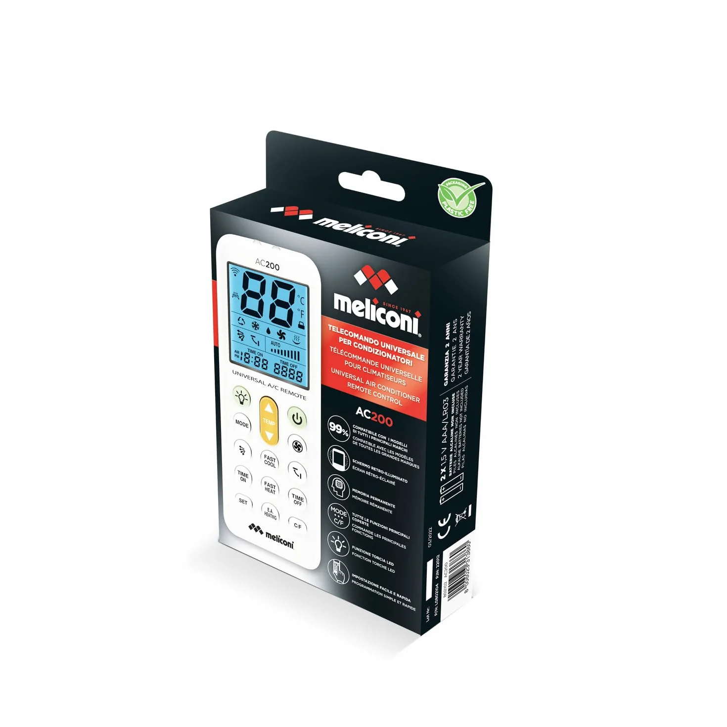 Meliconi AC 200 Telecomando Universale per Condizionatori/Climatizzatori Compatibile con la Maggior Parte dei Marchi, con Schermo Retroilluminato e Funzione Torcia, bianco, 802102