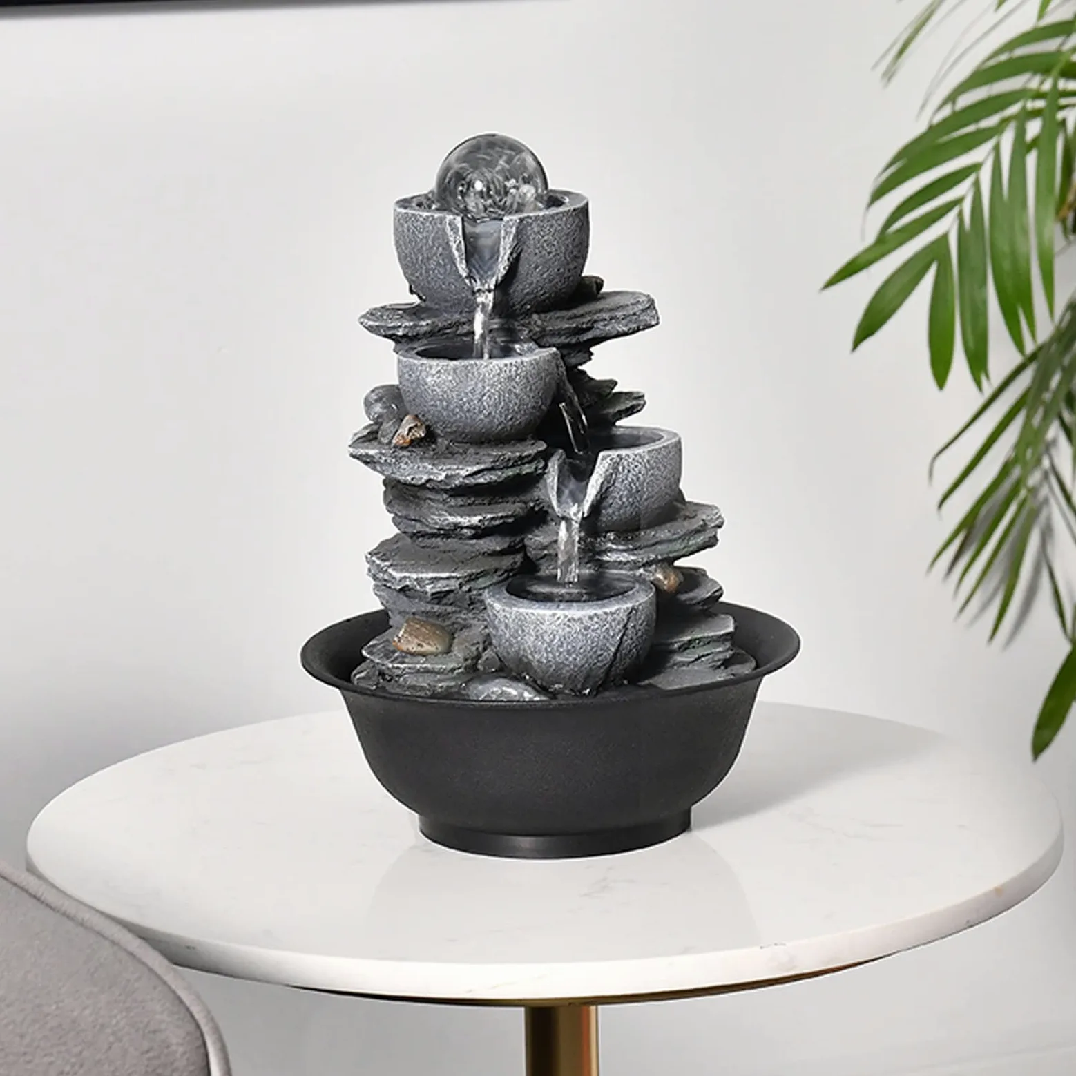 Fontane da tavolo per interni a 4 stadi Ciotola Cascata Fontana da tavolo Fontana per meditazione Zen Fontana per relax interna Fontana da tavolo con pompa automatica per ufficio Casa camera da letto