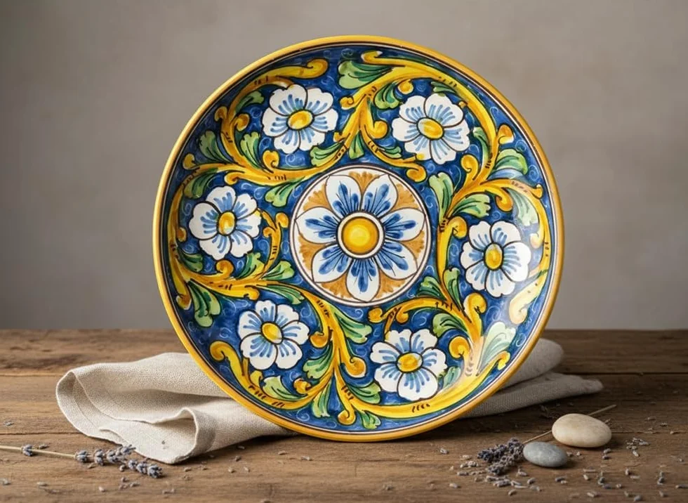 Piatto grande in ceramica siciliana blu giallo verde rosso di santo stefano di camastra decorata a mano barocco Art 12