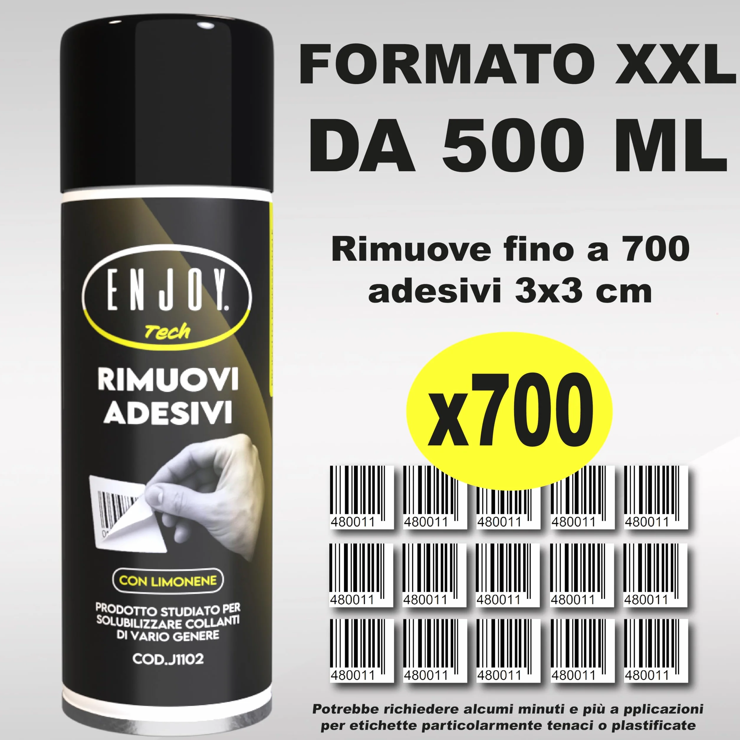 ENJOY TECH - Spray Rimuovi Etichette 500ml | Rimuove Adesivi, Residui di Colla e Silicone da Vetro, Plastica, Metallo e Legno | Sicuro su Superfici, Non Lascia Aloni | Professionale Made in Italy