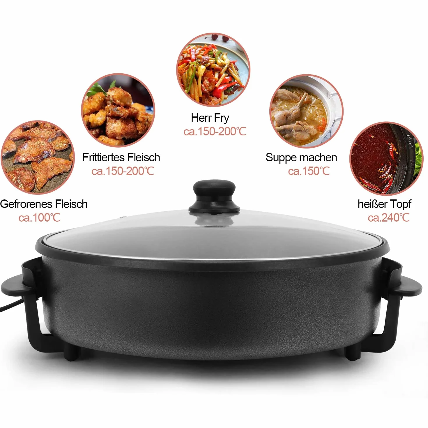 Padella Elettrica Multipadella, Ø 42 x 9 cm, 1500 W, Pizza & Feste, Multifunzione, Controllo Termico Regolabile, Acciaio Inossidabile, Moderno