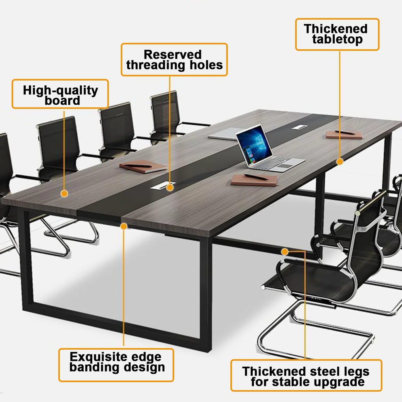 Tavolo da Conferenza, Tavolo da Riunione Moderno per Seminari per Sala Conferenze d'ufficio, Scrivania Direzionale con Robusta Struttura in Metallo. 240x130x74cm style4