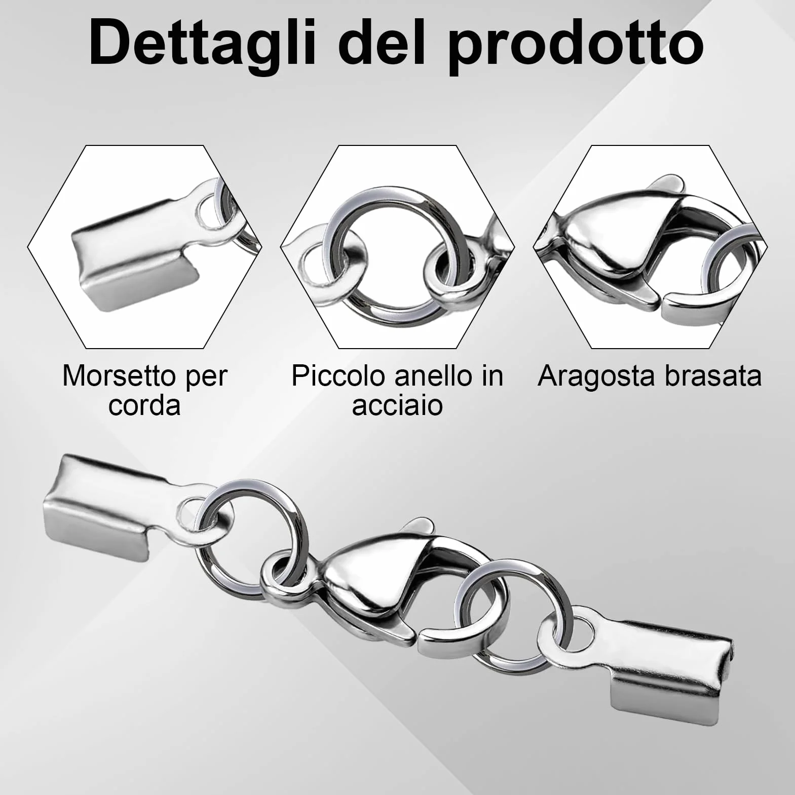 10 chiusure a catena in acciaio inox, accessori per gioielli fai da te, con fibbia a aragosta, adatti per cordini in pelle, collane, bracciali e altri gioielli (argento)