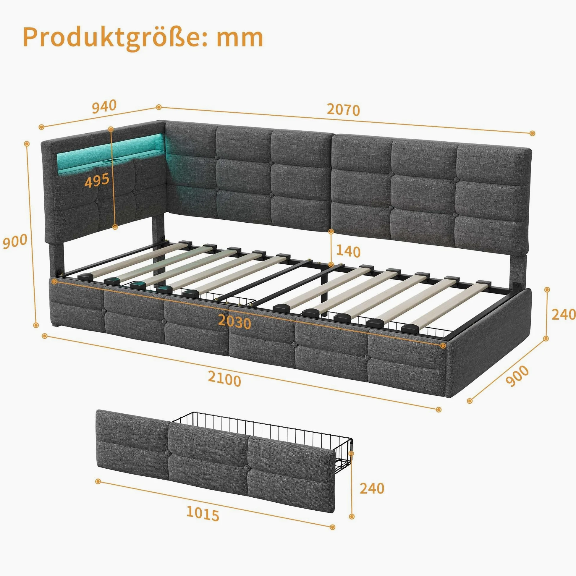 letto singolo 90 x 200 cm, con LED e stazione di ricarica USB, letto per ragazzi con 2 cassetti e rete a doghe, letto per gli ospiti, struttura del letto senza materasso