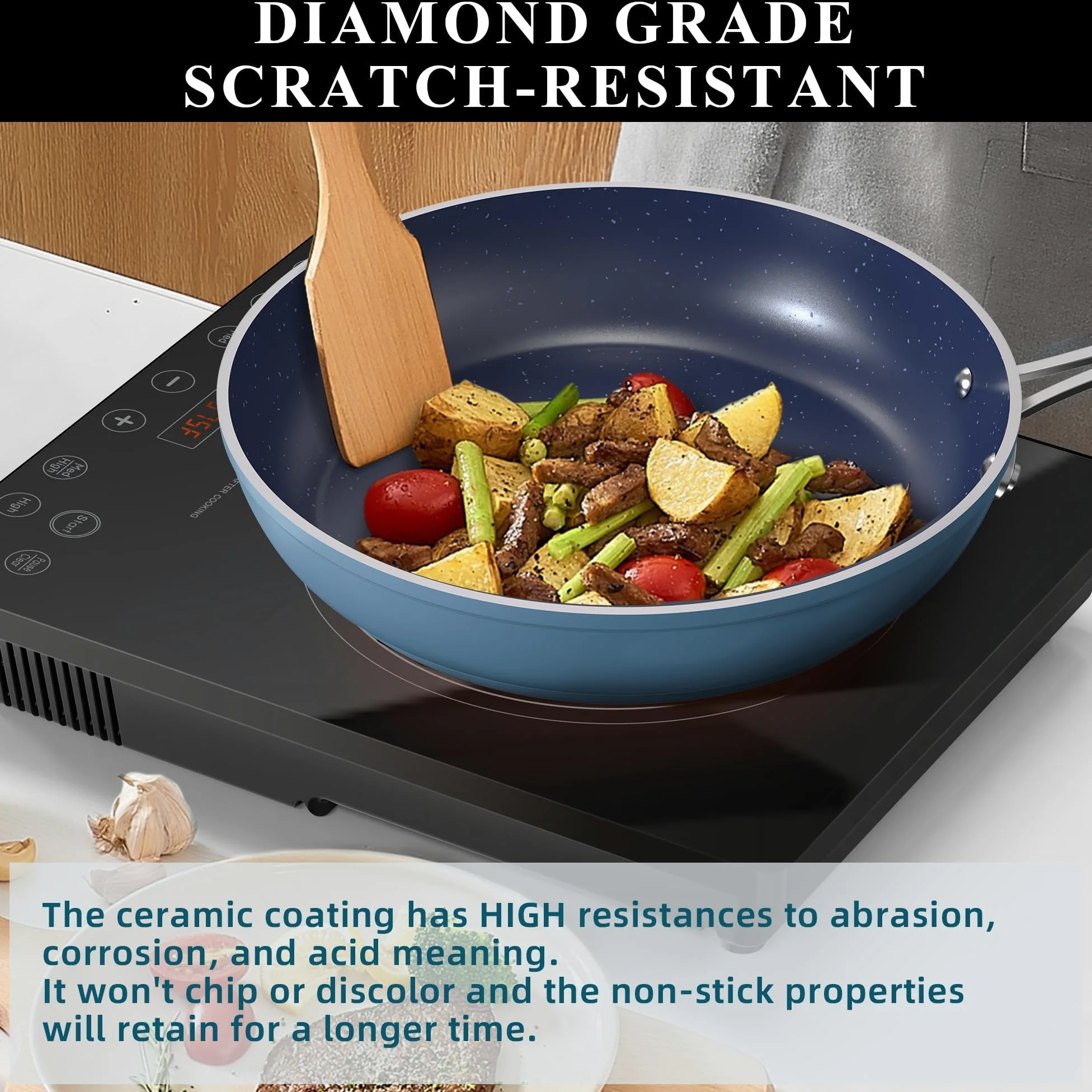 Nuwave Healthy Duralon - Set di pentole in ceramica blu con rivestimento antiaderente, infuso di diamante, resistente ai graffi, senza PFAS, adatto al forno, pronto ad induzione e riscaldamento