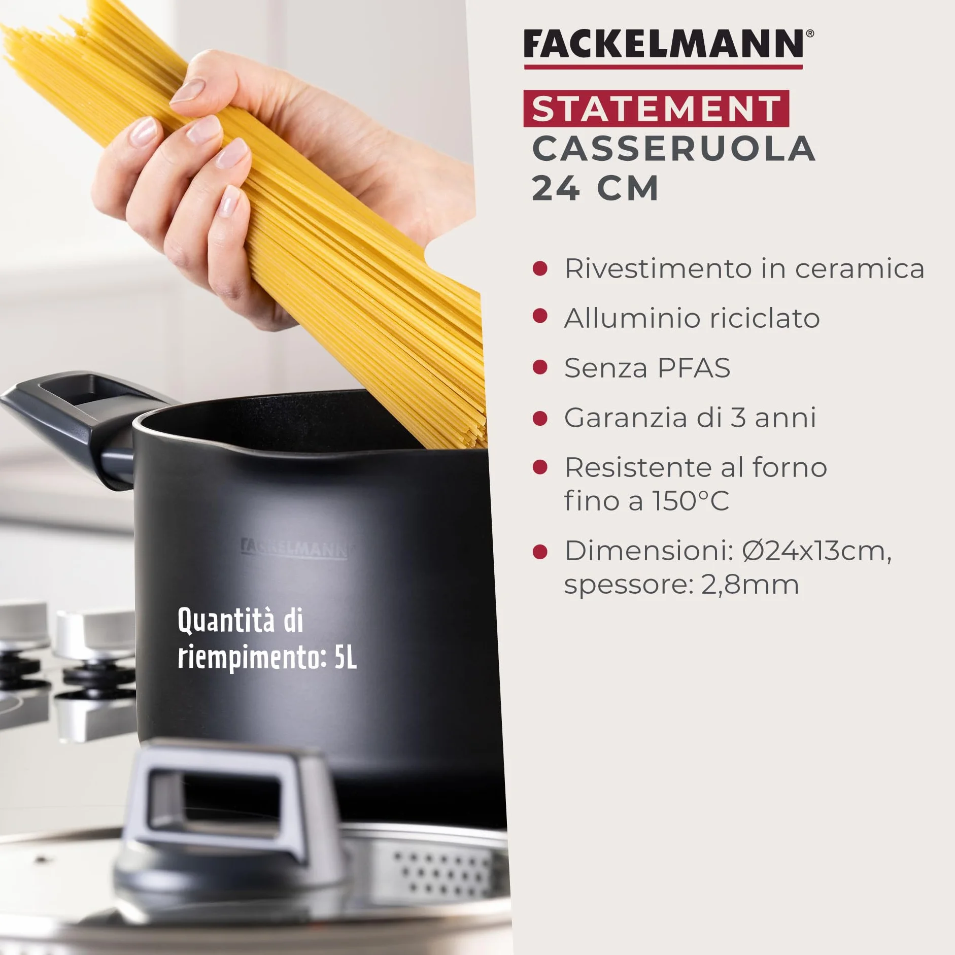 Fackelmann Pentola Casseruola Statement Ø 24 cm – con rivestimento in ceramica – Alluminio riciclato con rivestimento antiaderente – senza PFAS, manico resistente al calore, per tutti i piani cottura