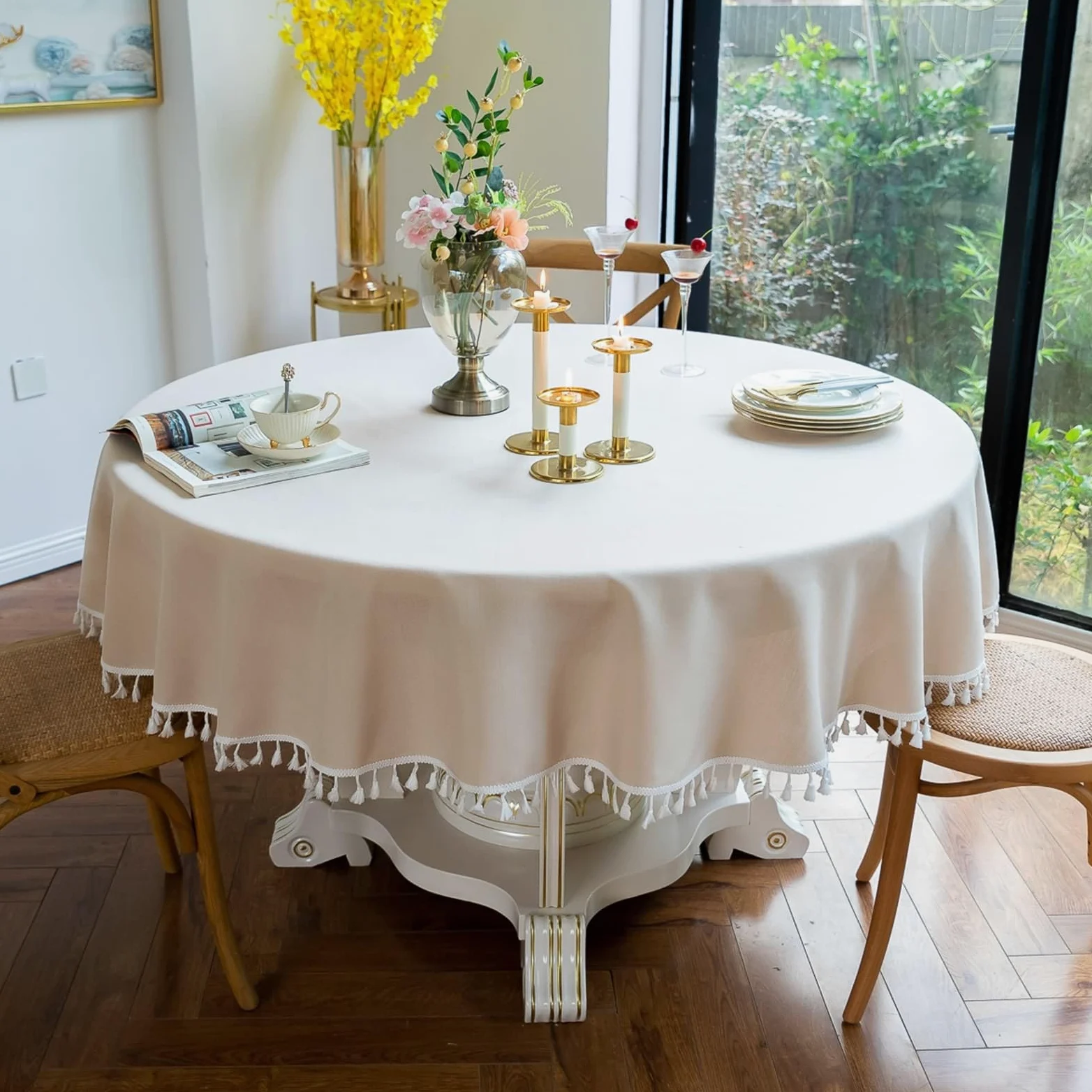 Tovaglia in cotone e lino con nappe, impermeabile e antimacchia, perfetta per uso esterno e interno, elegante colore beige, 160 cm, copertura quadrata per tavolo da pranzo