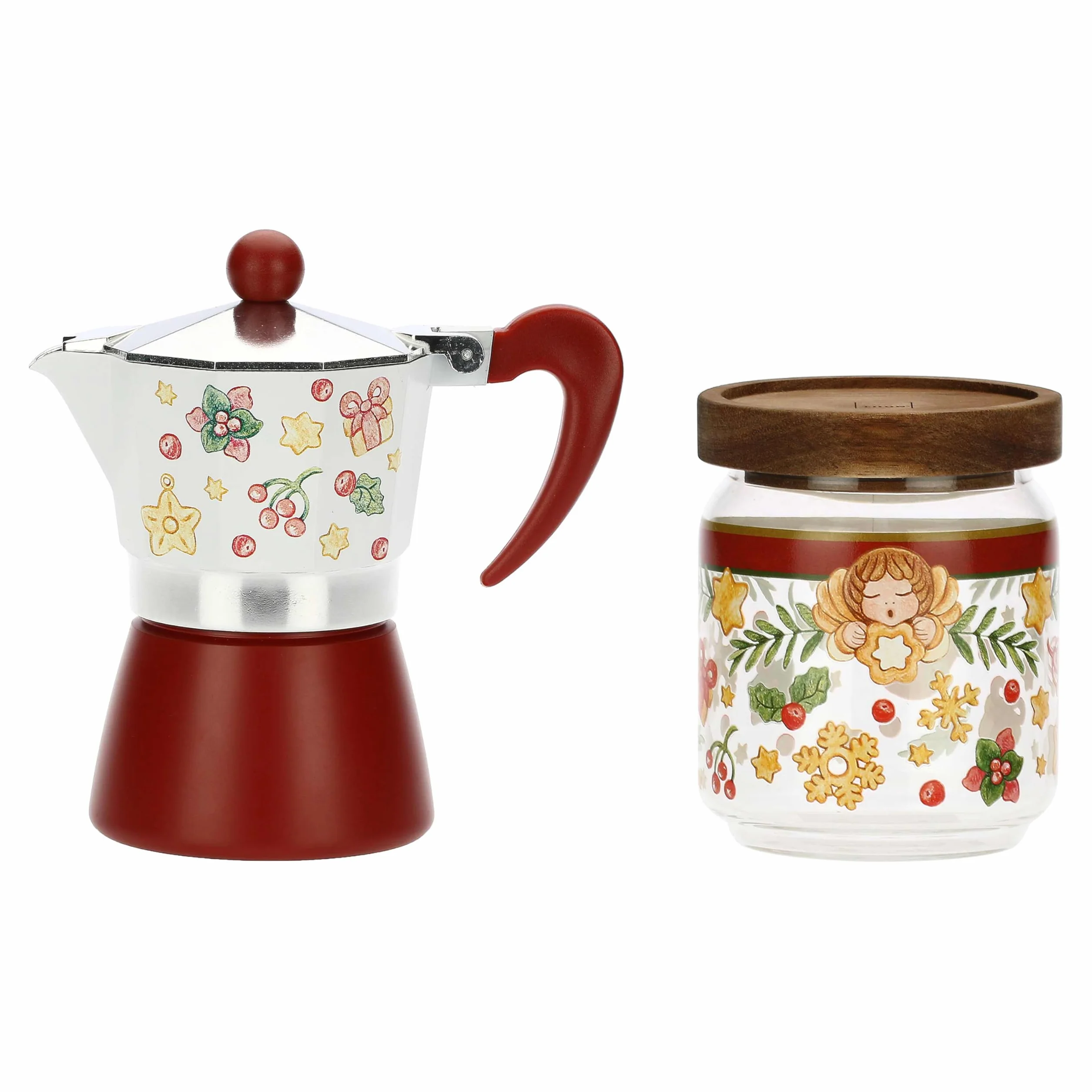 THUN, Set Caffettiera e Barattolo Porta Caffè in Vetro Borosilicato e Tappo in Acacia, Collezione Sorprese di Natale, Idea Regalo per Natale, Caffettiera Ø 15,6 cm h, Barattolo 400 ml, Ø 8,9 cm