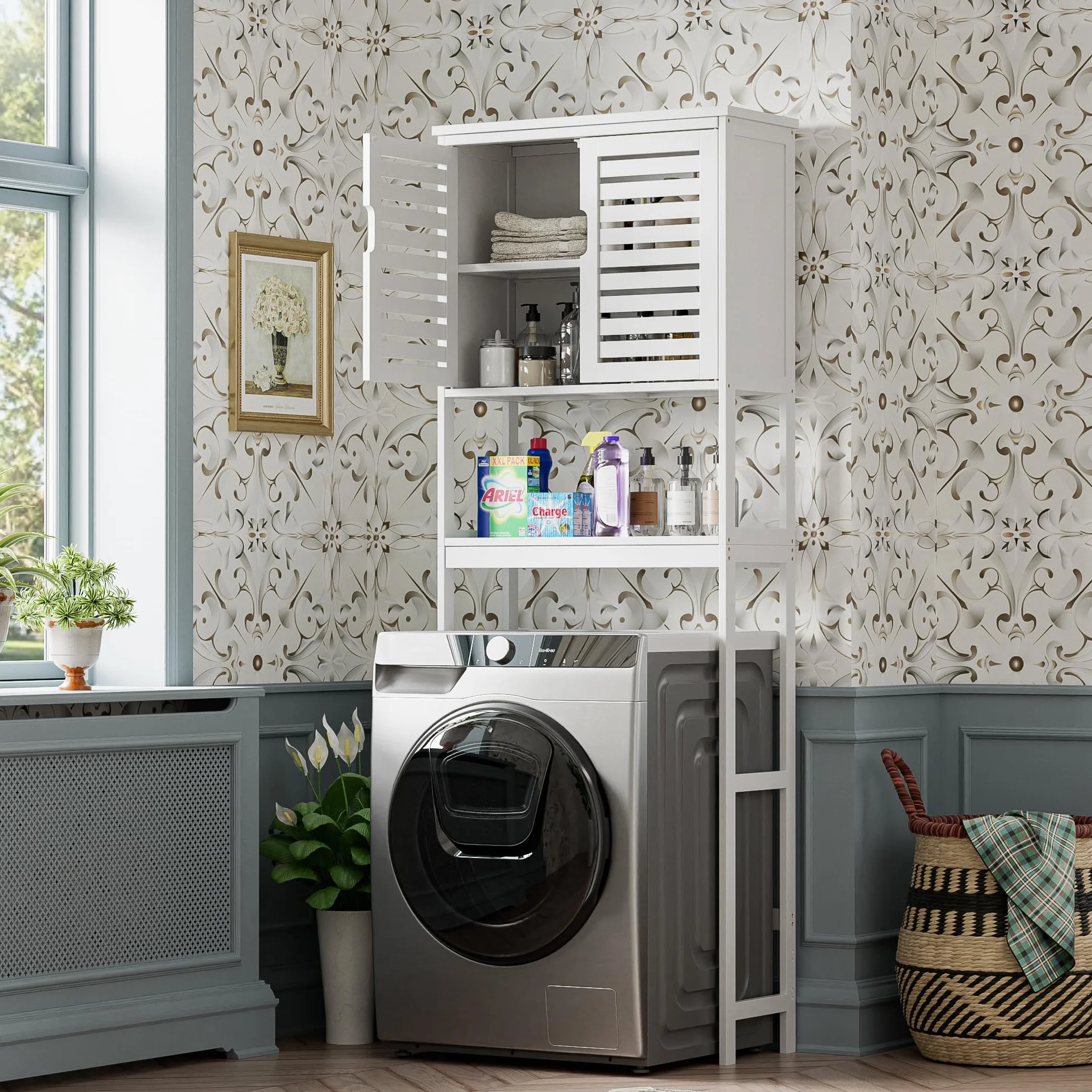 SMIBUY Contenitore salvaspazio sopra WC a 2 porte in bambù con ripiano interno regolabile e ripiano aperto indipendente (bianco), per Bagno