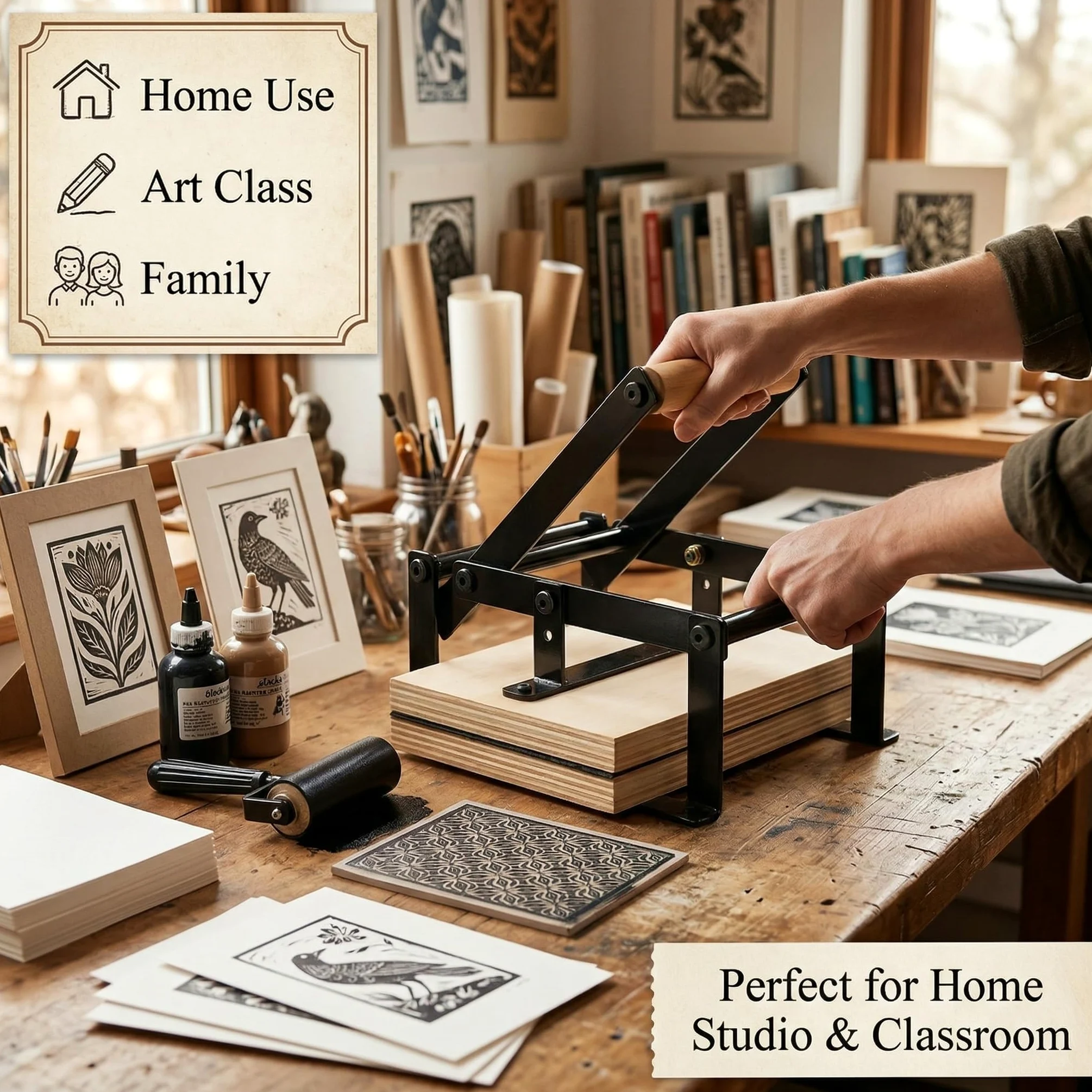 Macchina da stampa a leva manuale Linocut con rulli e feltrini per tagli di linoleum, taglio stampa, blocchi di linoleum, kit di strumenti per la stampa a blocchi di legno, nero A5