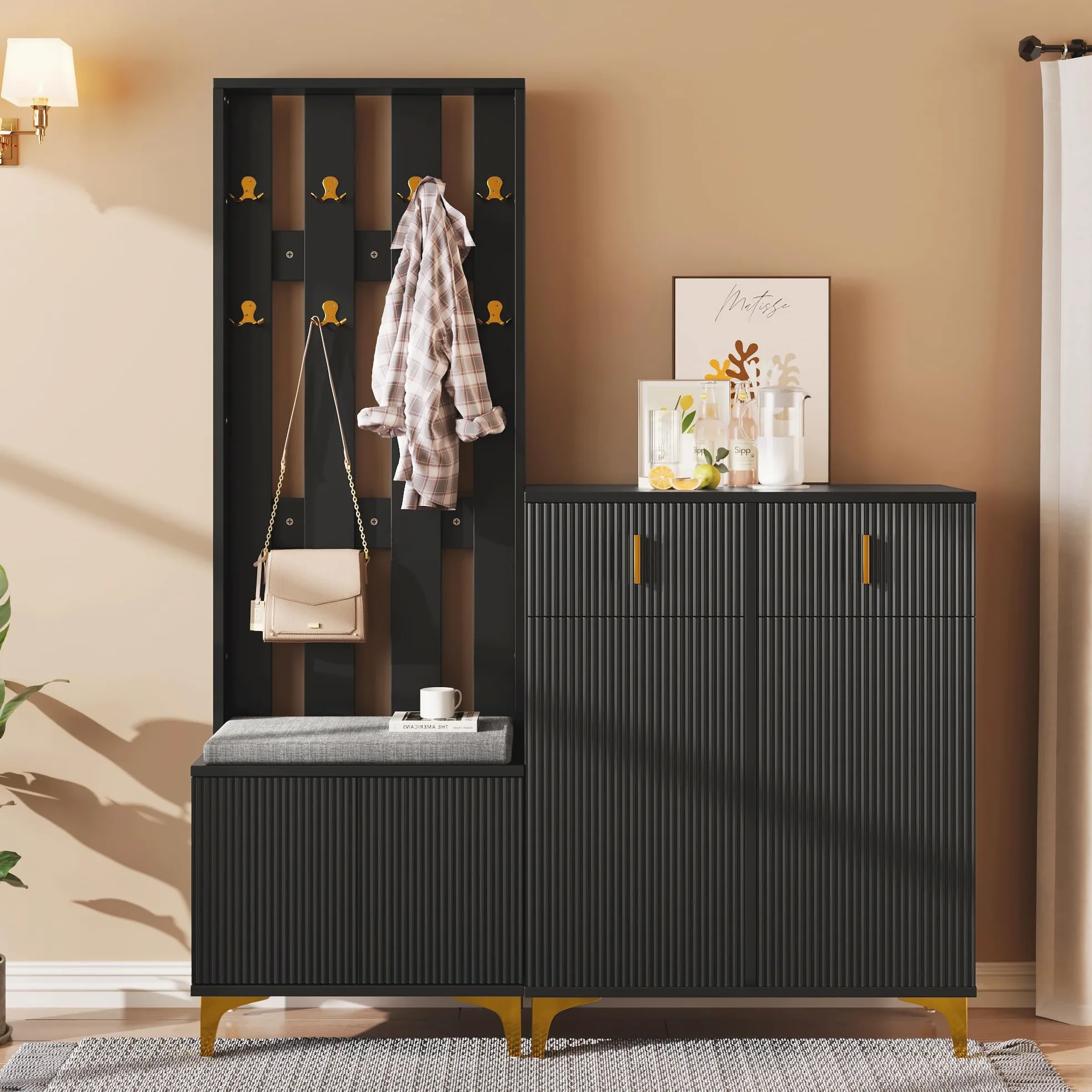 sogesfurniture Set di Guardaroba, Guardaroba per Corridoio con 8 Ganci per Abiti, Scarpiera con Cuscino, Grande Armadio con 2 Cassetti e Ante, per Corridoio e Ingresso (Nero)
