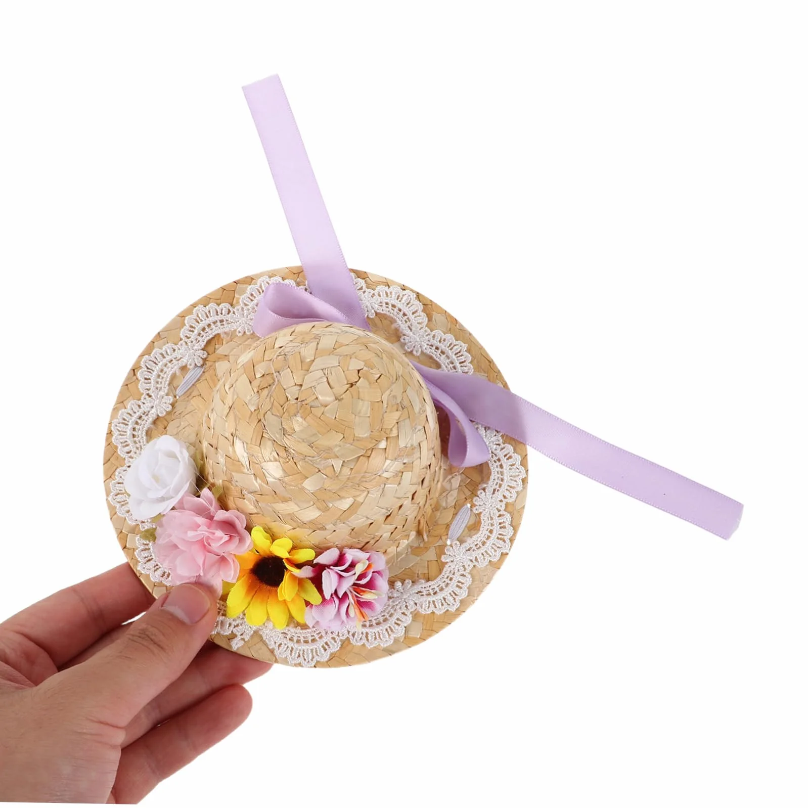 Mini Cappello di Paglia con Fiocco Viola per Bambole, Piccolo Cappello Artigianale Estivo in Paglia per Decorazioni Fai-da-te e Collezionisti, Accessorio Creativo per Feste