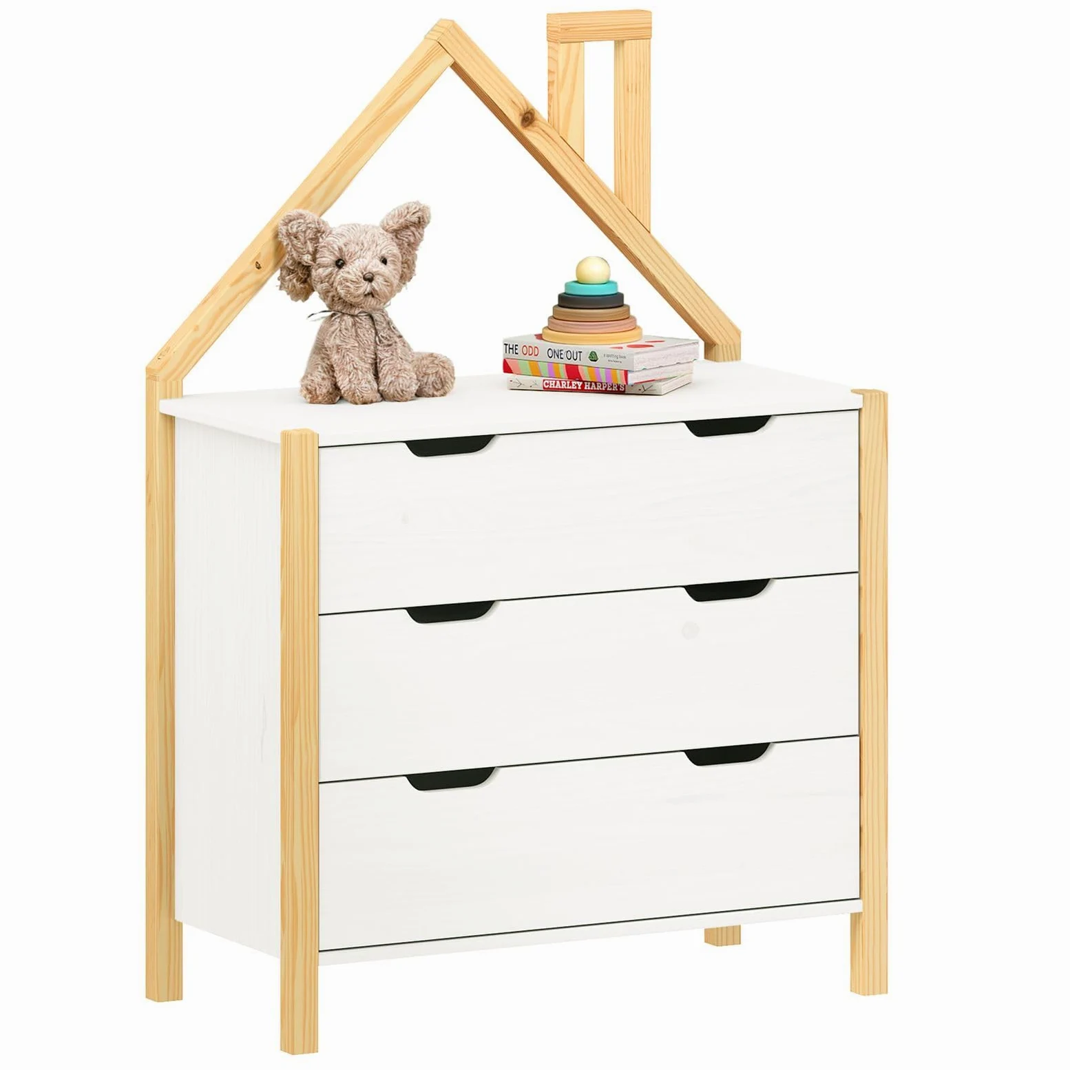 IDIMEX Cassettiera ELANO a forma di casa – bianco in legno di pino massiccio, 3 cassetti grandi, per cameretta dei bambini, armadio, cassettiera