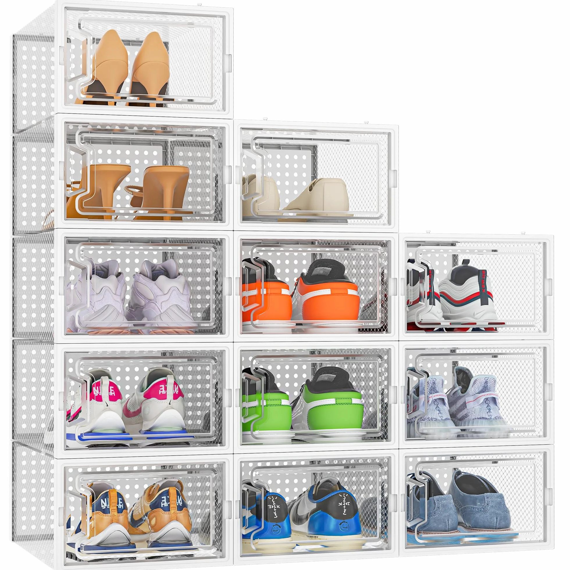 HOMIDEC Scatole per Scarpe 12 pcs Plastica Trasparenti Impilabili con Coperchi Bianco