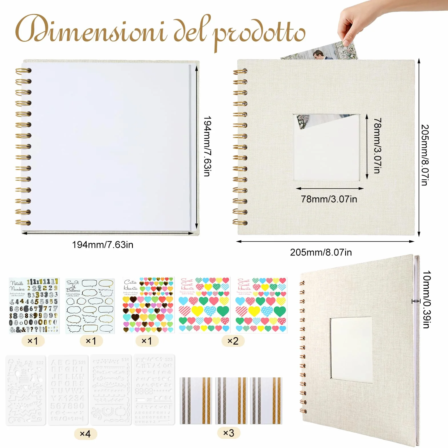 Album Foto 20,5x20,5 cm, 20 Pagine Libro Foto da Personalizzare - Album Scrapbook da Completare, Libro ad Anelli per Bebè, Matrimonio, Compleanno