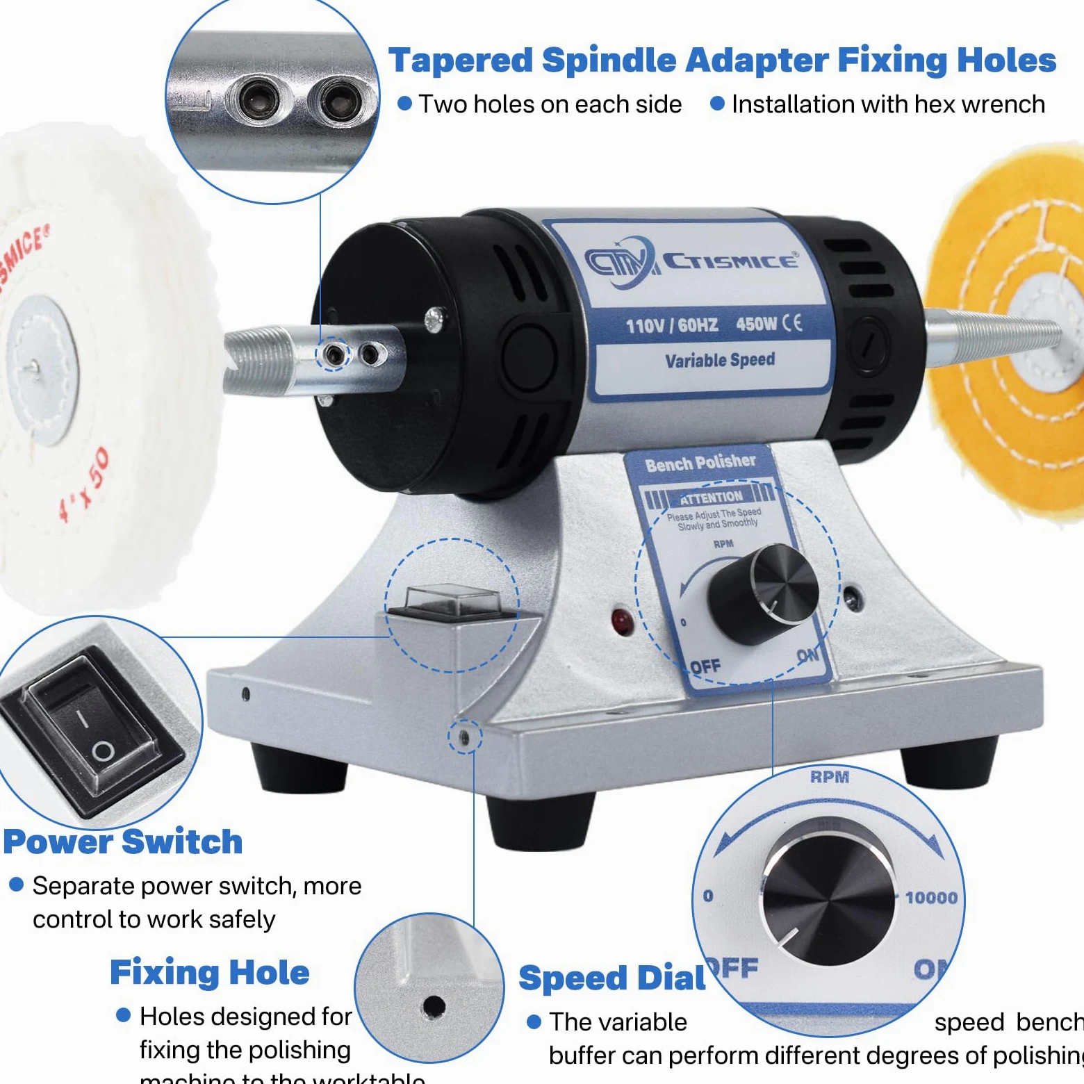Lucidatrice da banco per gioielli, lucidatrice da tavolo a velocità variabile regolabile, smerigliatrice buffer da 450 W con 8 ruote lucidanti, 2 pezzi di composto lucidante, occhiali da