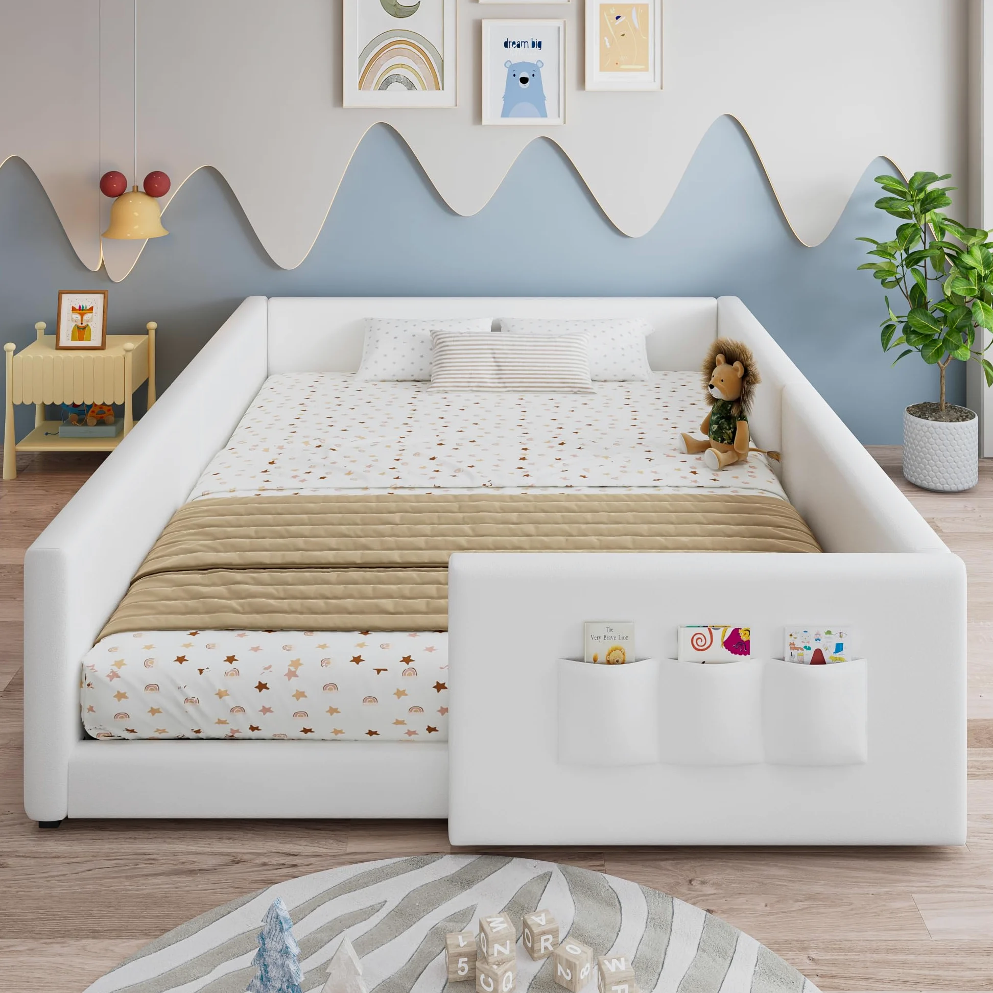 Montessori Letto a Terra per bambini 140 x 200cm, Letto imbottito PU con 3 pratiche tasche portaoggetti, Rete a doghe in Legno, letto Piazza e Mezza per Bambini(senza materasso)