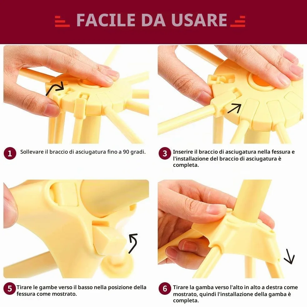 Stendino pieghevole per pasta - Stendino per pasta con essiccatore per noodle domestico da 10 bar - Compatto Facile da riporre Installazione rapida (giallo)
