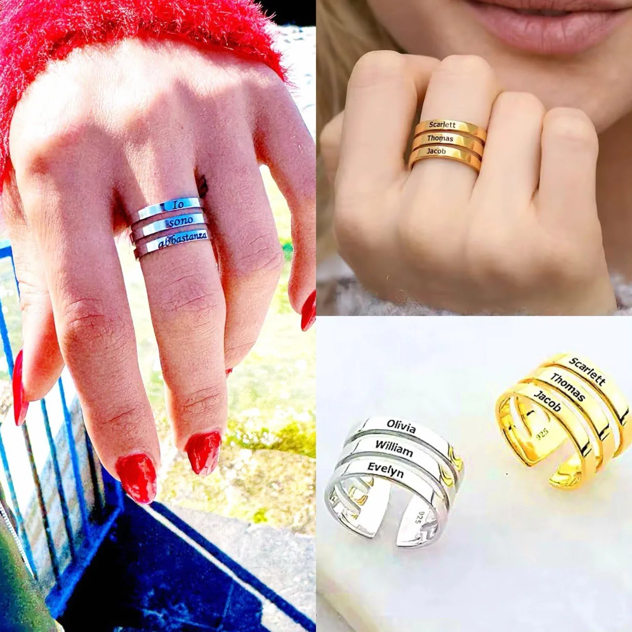 Anello Personalizzato a 3 Fasce in Acciaio Inossidabile con Incisione Gratuita Gioiello Unisex
