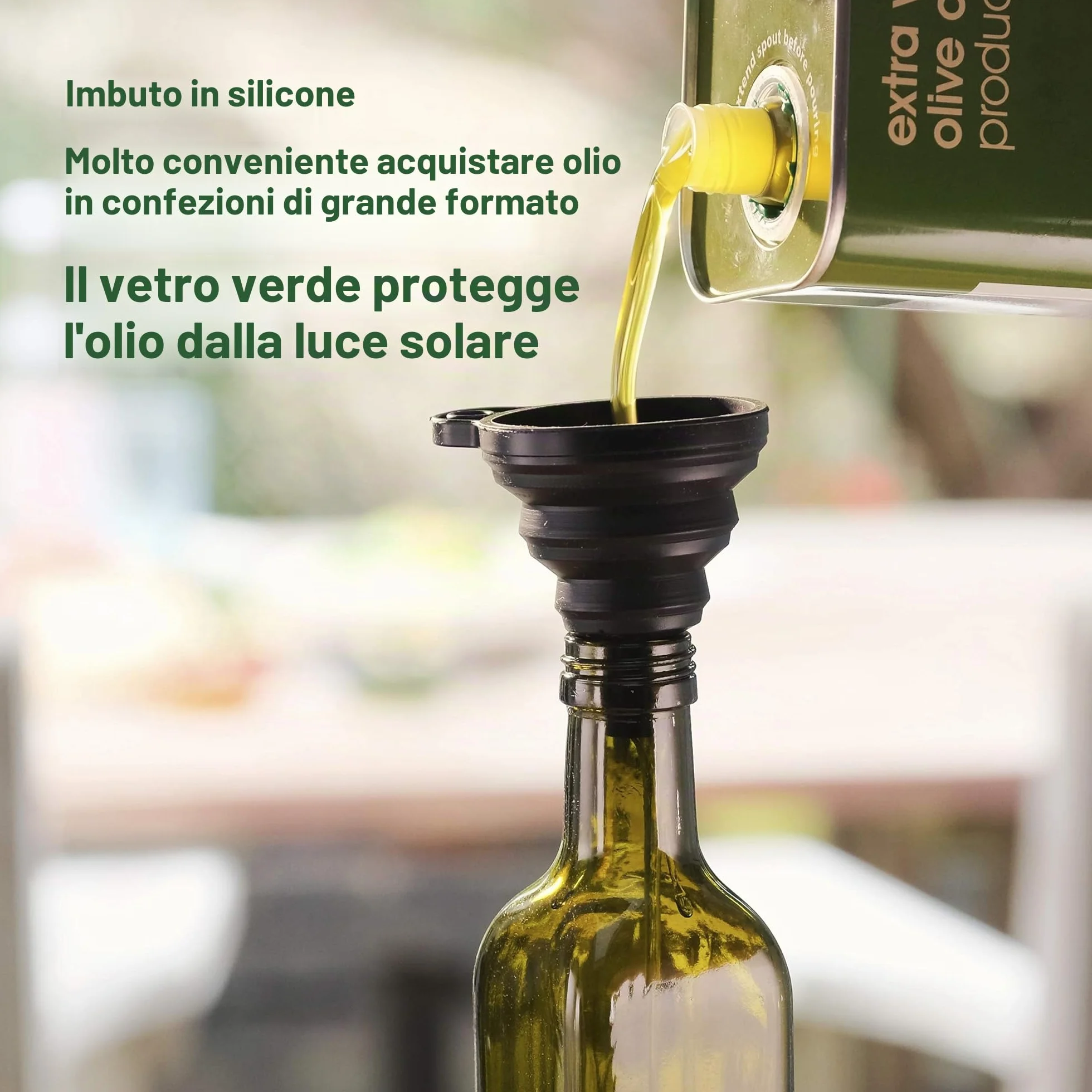 Poura Bottiglia Olio d'Oliva e Aceto Set Vetro 500 ml con Tappo Dosatore Salvagoccia ClickSeal e Imbuto Silicone