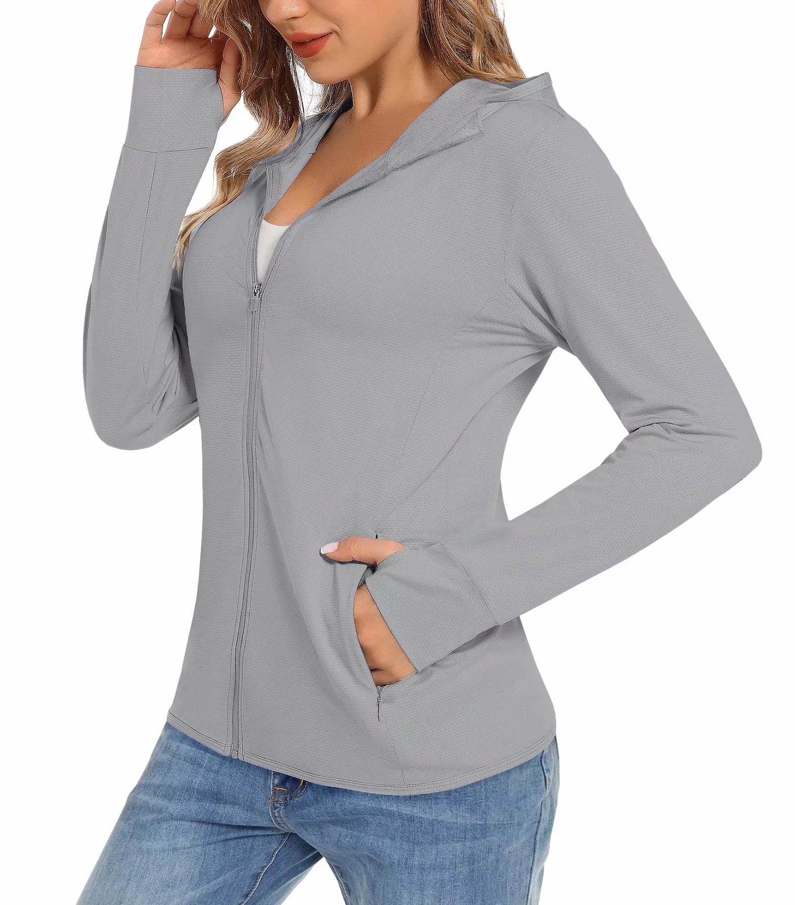 TACVASEN Maglietta da donna con cappuccio, a maniche lunghe, ad asciugatura rapida, sportiva, con cerniera, con foro per il pollice