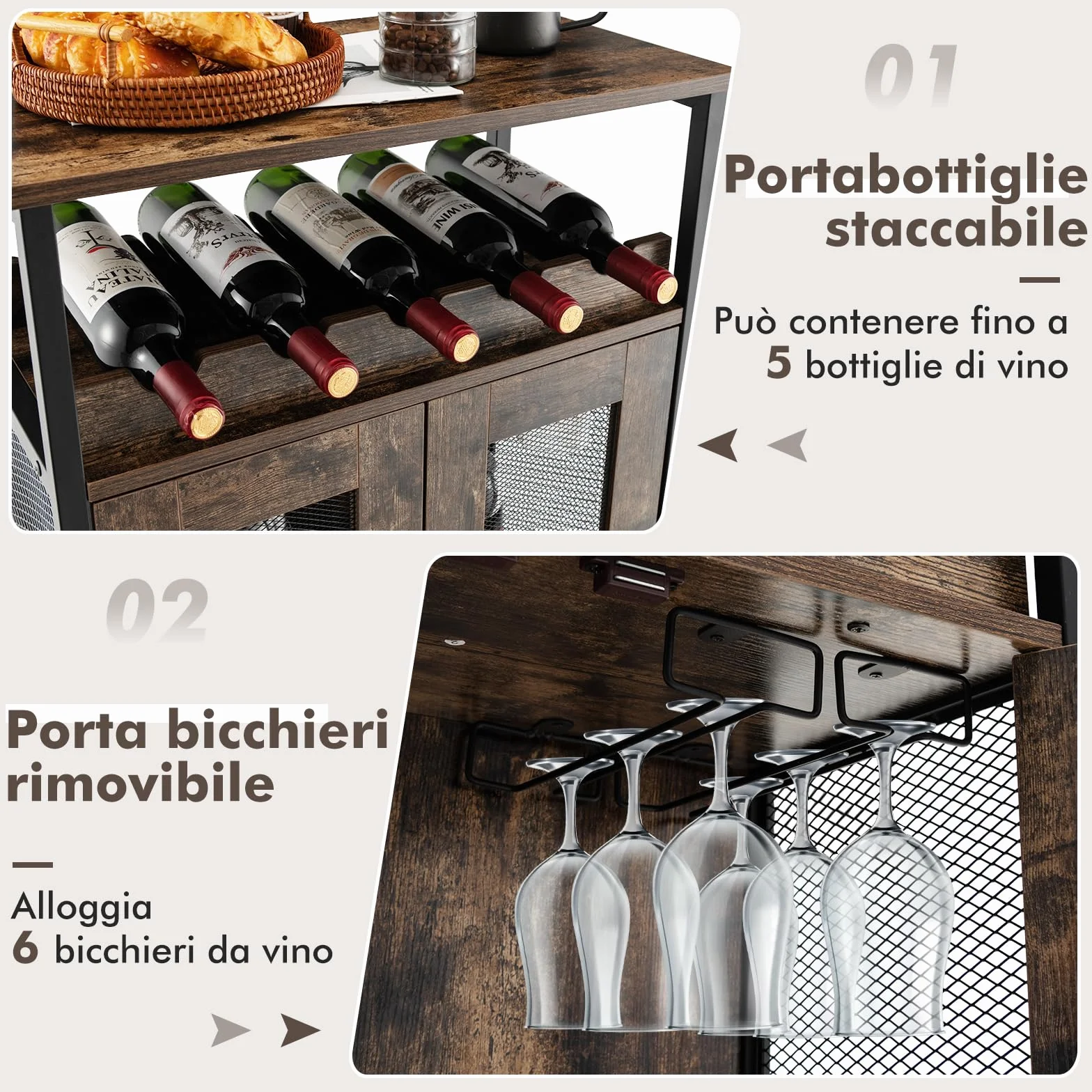 GYMAX Armadio per Vino per 5 Bottiglie Rimovibile, Armadietti di Vino con 6 Porta Calici, Mobile da Vino in Rete Metallica per Cucina, Sala da Pranzo, Industriale, 60 x 34 x 79 cm (Marrone)