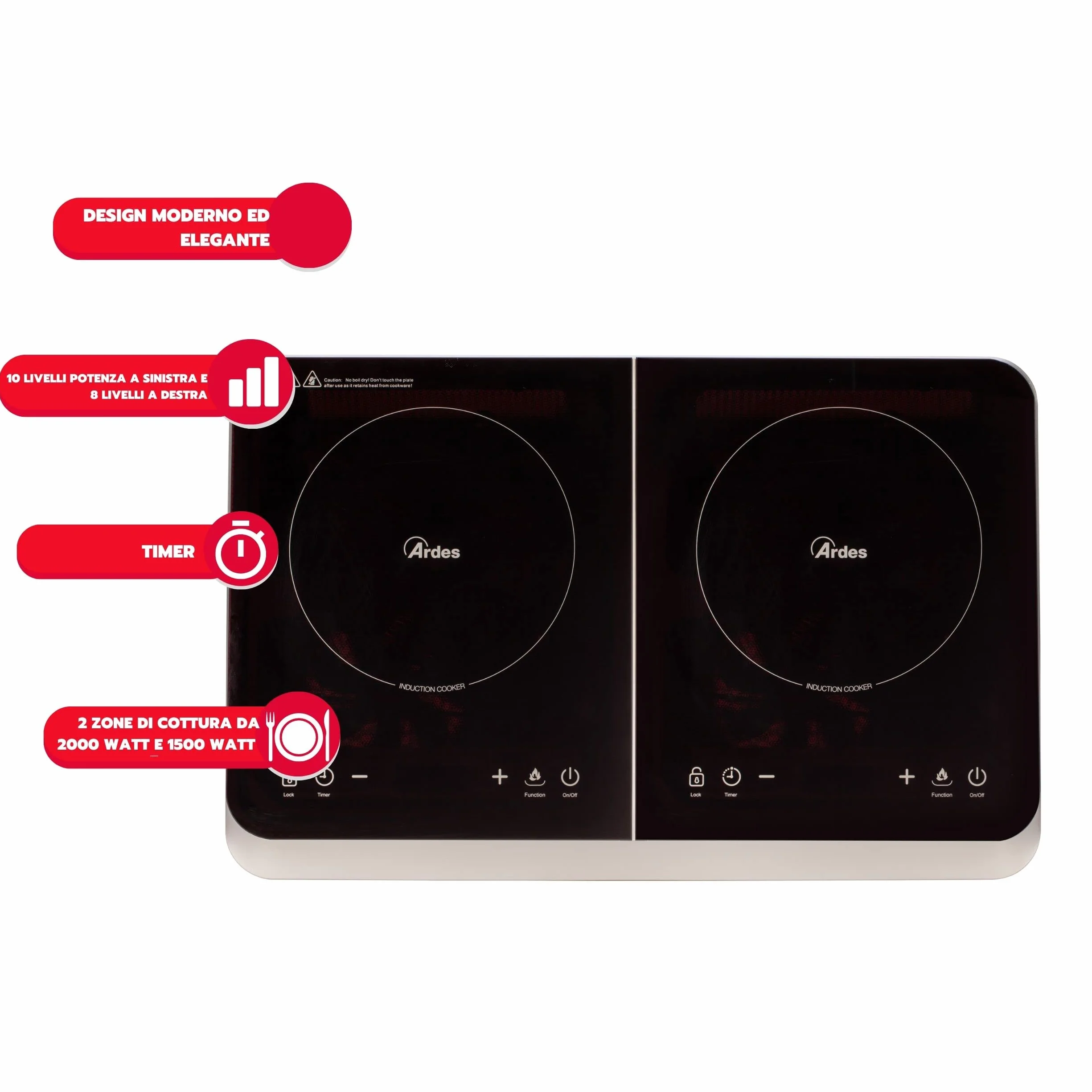 Ardes KOOKIE DUO Fornello Elettrico 2000 W 1500 W 2 Piastre a Induzione Display Digitale Temperatura Regolabile 240°C Nero