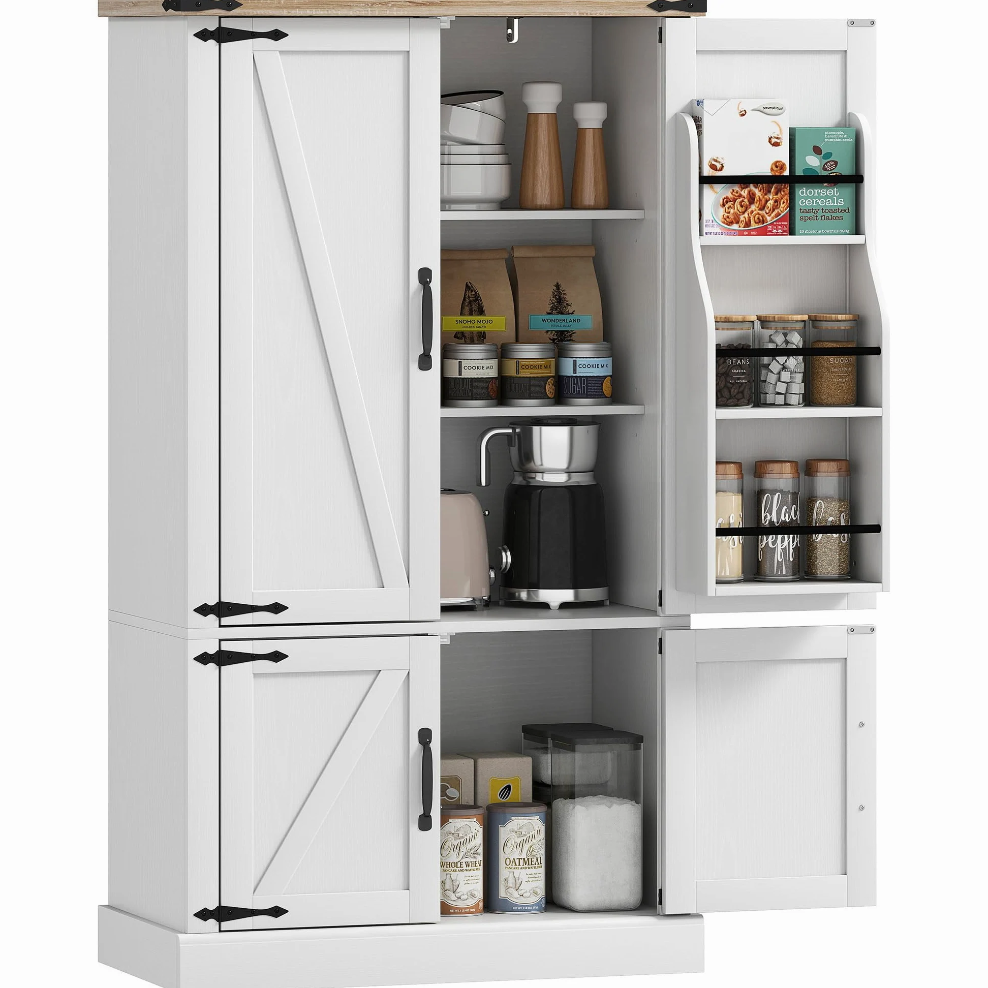 HOMCOM Credenza da cucina, mobile da cucina, mobile per porcellane, 4 ante, 6 portaspezie e ripiani regolabili, stile rustico, mobile contenitore per soggiorno, sala da pranzo, 76,3 x 40 x 136 cm,