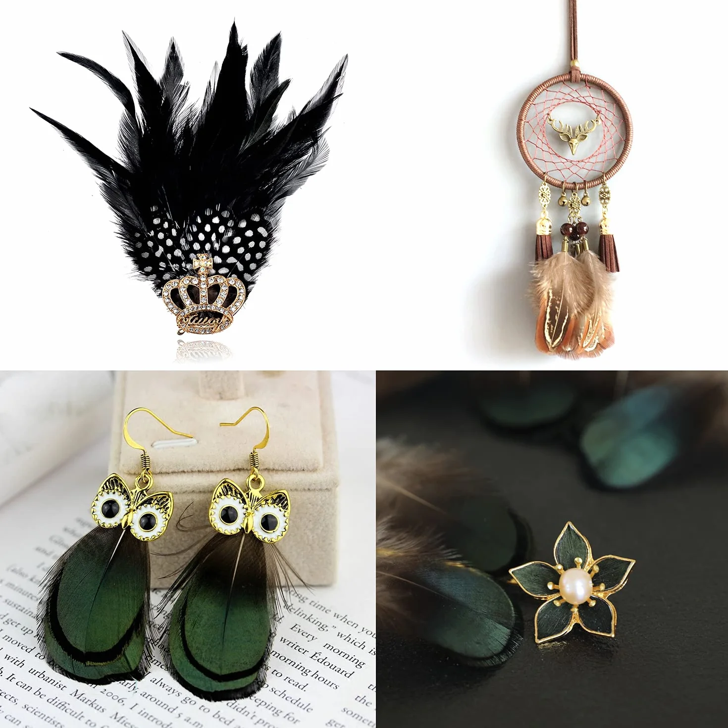 180 Pezzi Piume Decorative Artigianali per Acchiappasogni DIY, Orecchini, Ali - Verde Blu Marrone