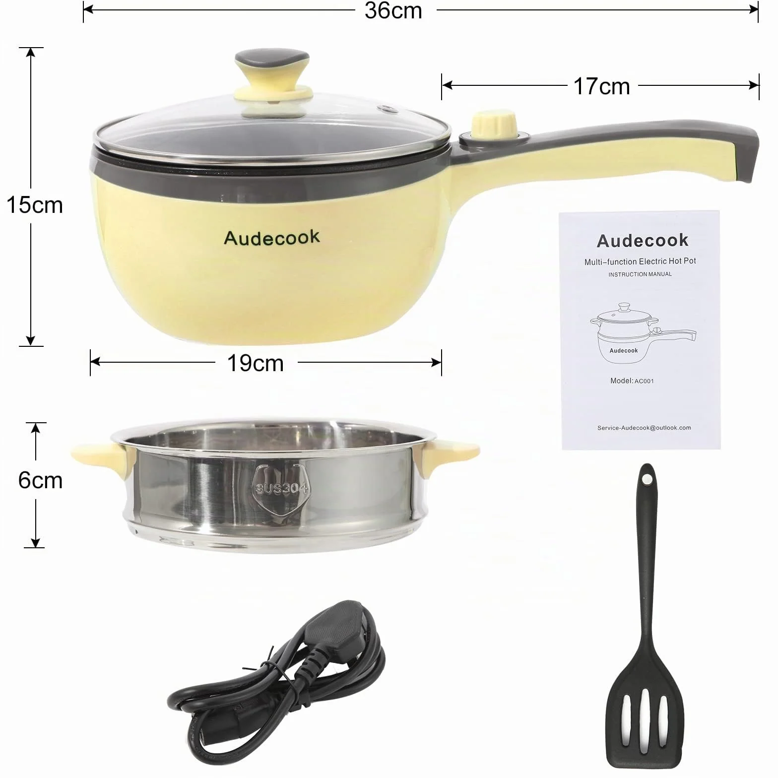 Audecook Padella Elettrica 20 cm Antiaderente Multifunzione Portatile con Vaporiera - Giallo