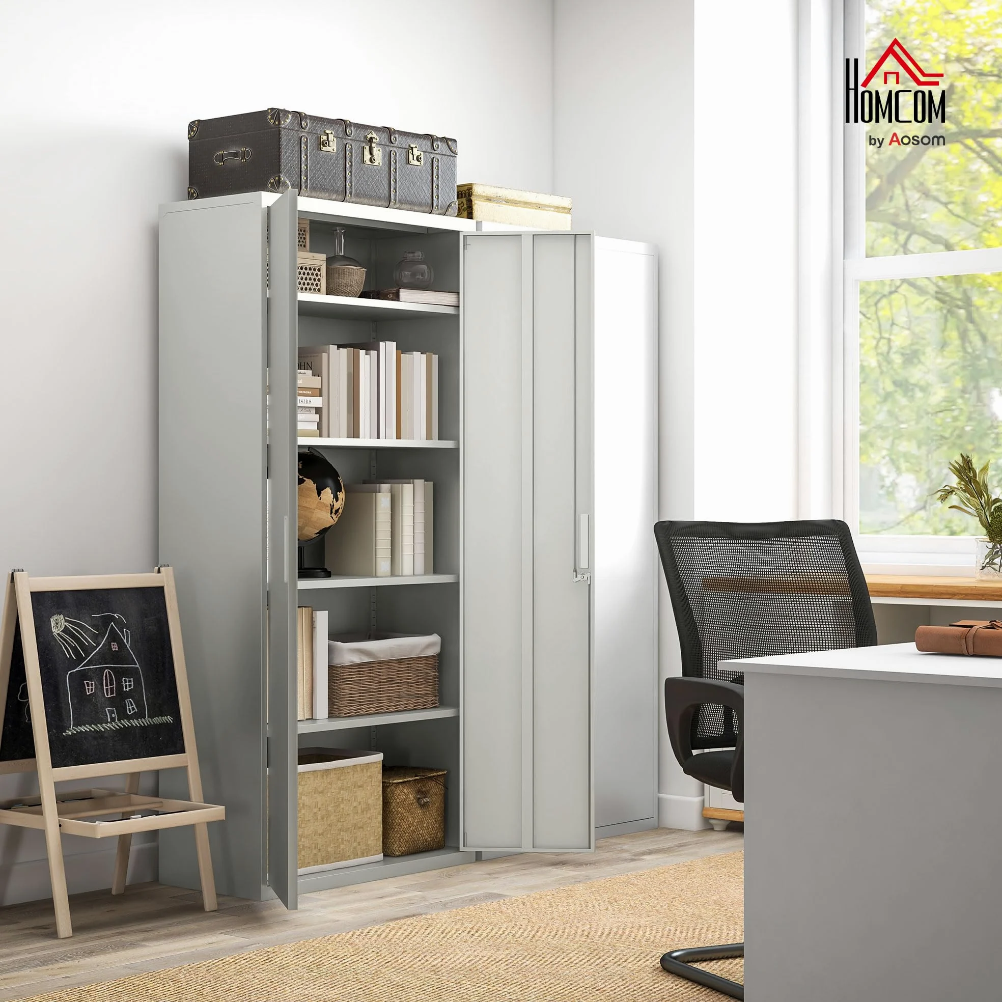 HOMCOM Armadio Ufficio a 5 Livelli con 4 Ripiani Regolabili, Armadio in Metallo Portadocumenti con 2 Ante, Serratura e 2 Chiavi, 80x40x180 cm, Bianco