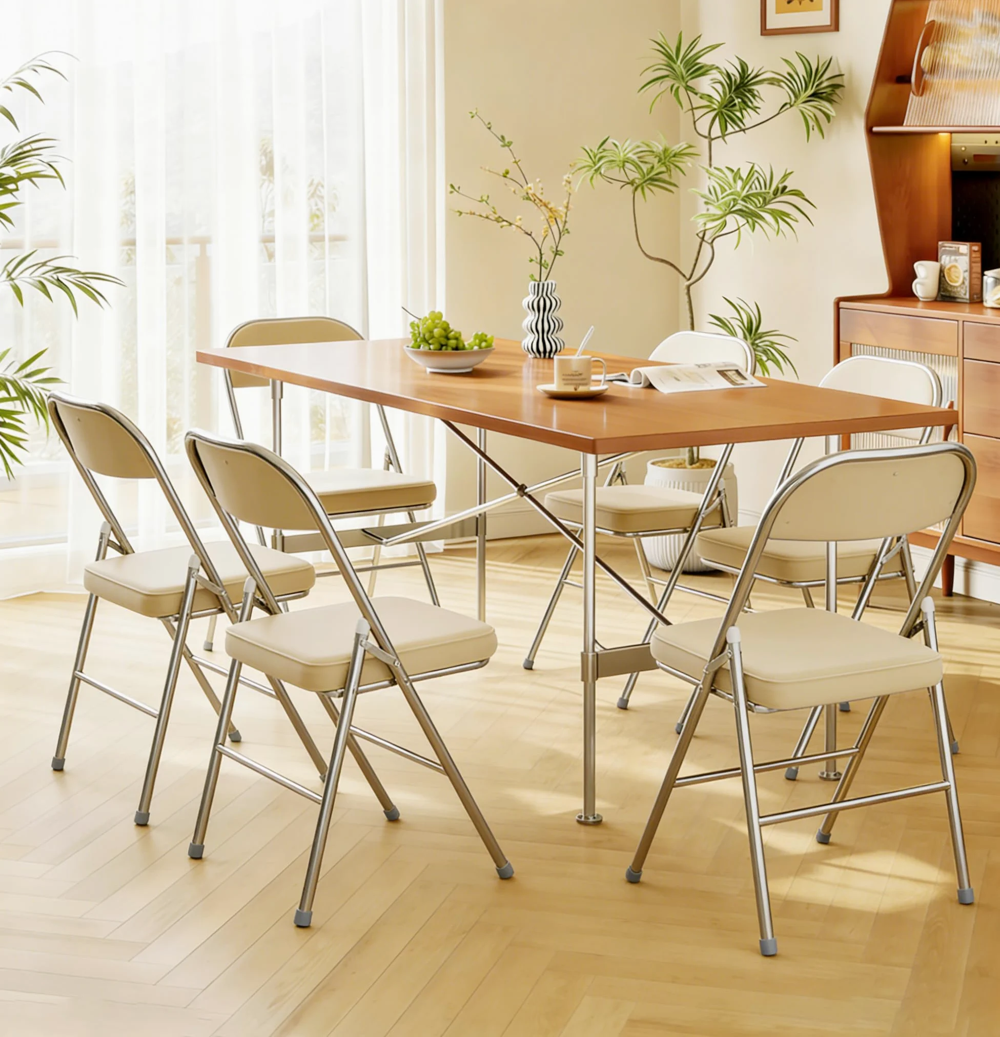 6Pcs Comoda sedia pieghevole da cucina sedie pieghevoli in pelle sedia per visitatori con cuscino spesso sedie da pranzo pieghevoli per cucina, interni, esterni, sala conferenze Beige