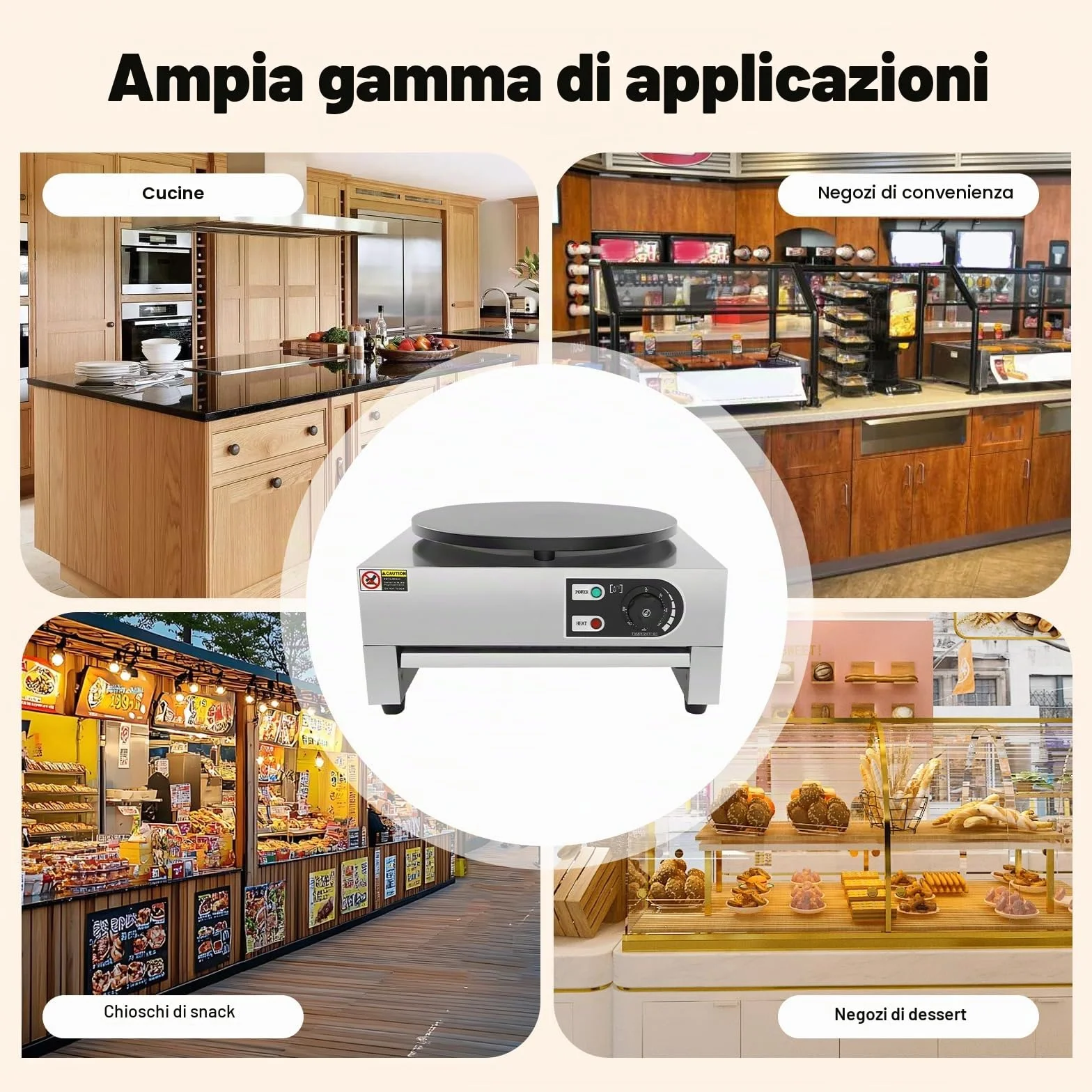 Crepe maker elettrico 40 cm 3 KW 50-300 °C vassoio estraibile termostato integrato