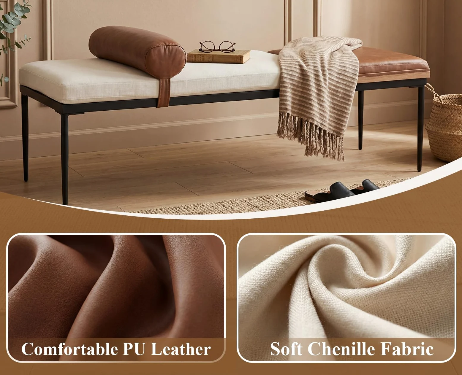 Ya-Home Panca Ingresso con Vassoio in Legno e Gambe in Metallo, Panca Camera da Letto in Pelle e Tessuto di Ciniglia 140x55x47 cm, Bianco