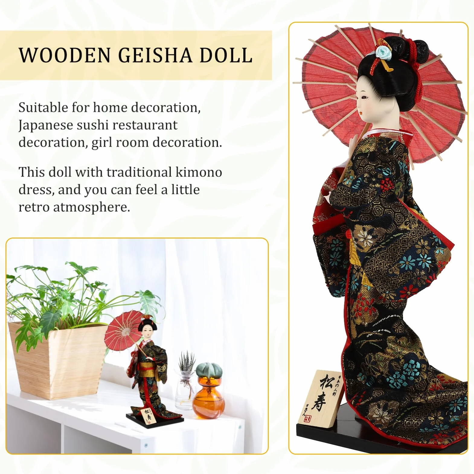 Bambola Geisha Giapponese in Legno Artigianale 12.20x4.72x4.72In Decorazione Desktop Kimono Figurina da Collezione