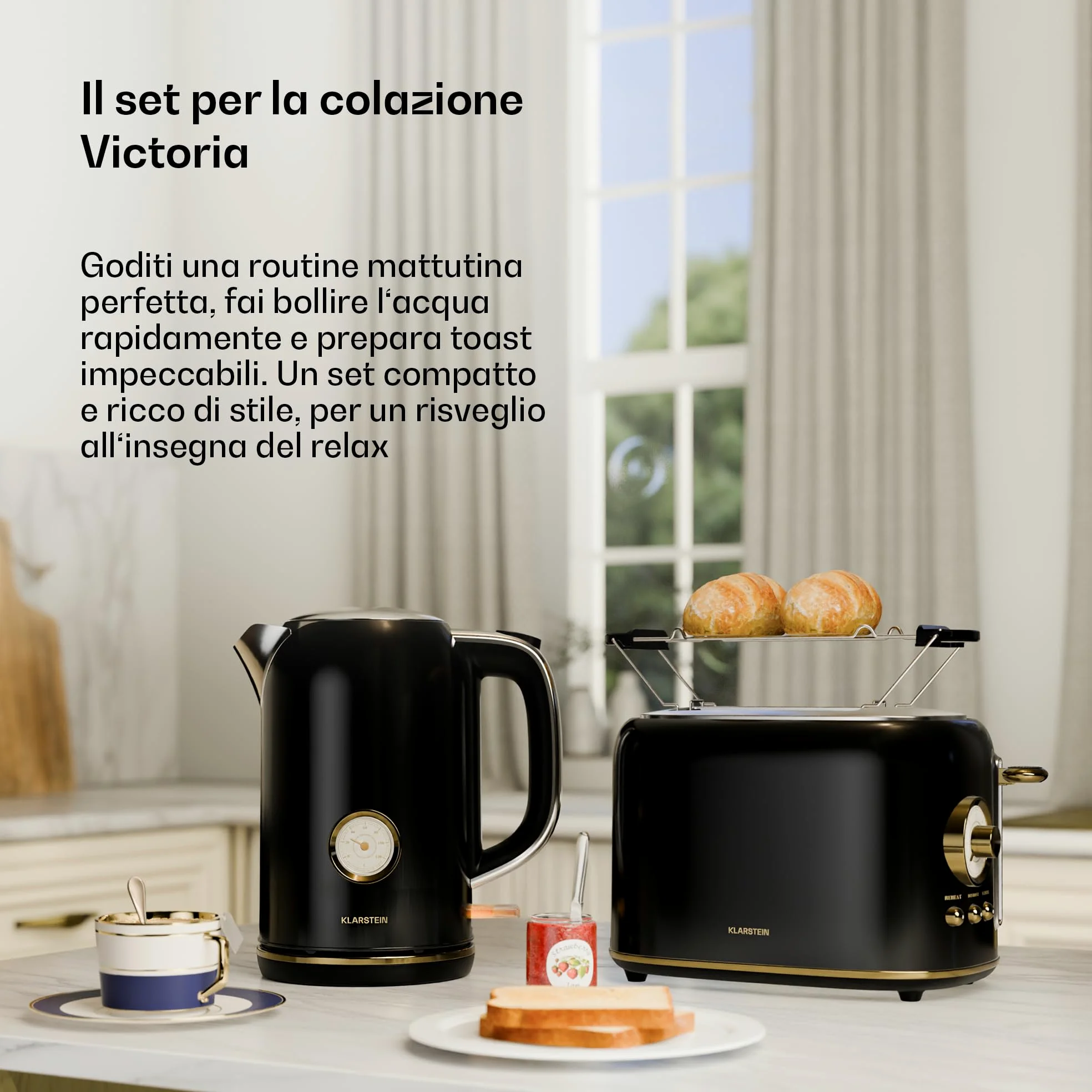 Klarstein Victoria Essential Set per la Colazione - Tostapane 2 Fette con 7 Livelli, Vassoio Raccogli Briciole, Supporto Panini, Bollitore Elettrico 1,7L con Filtro Anticalcare, Nero