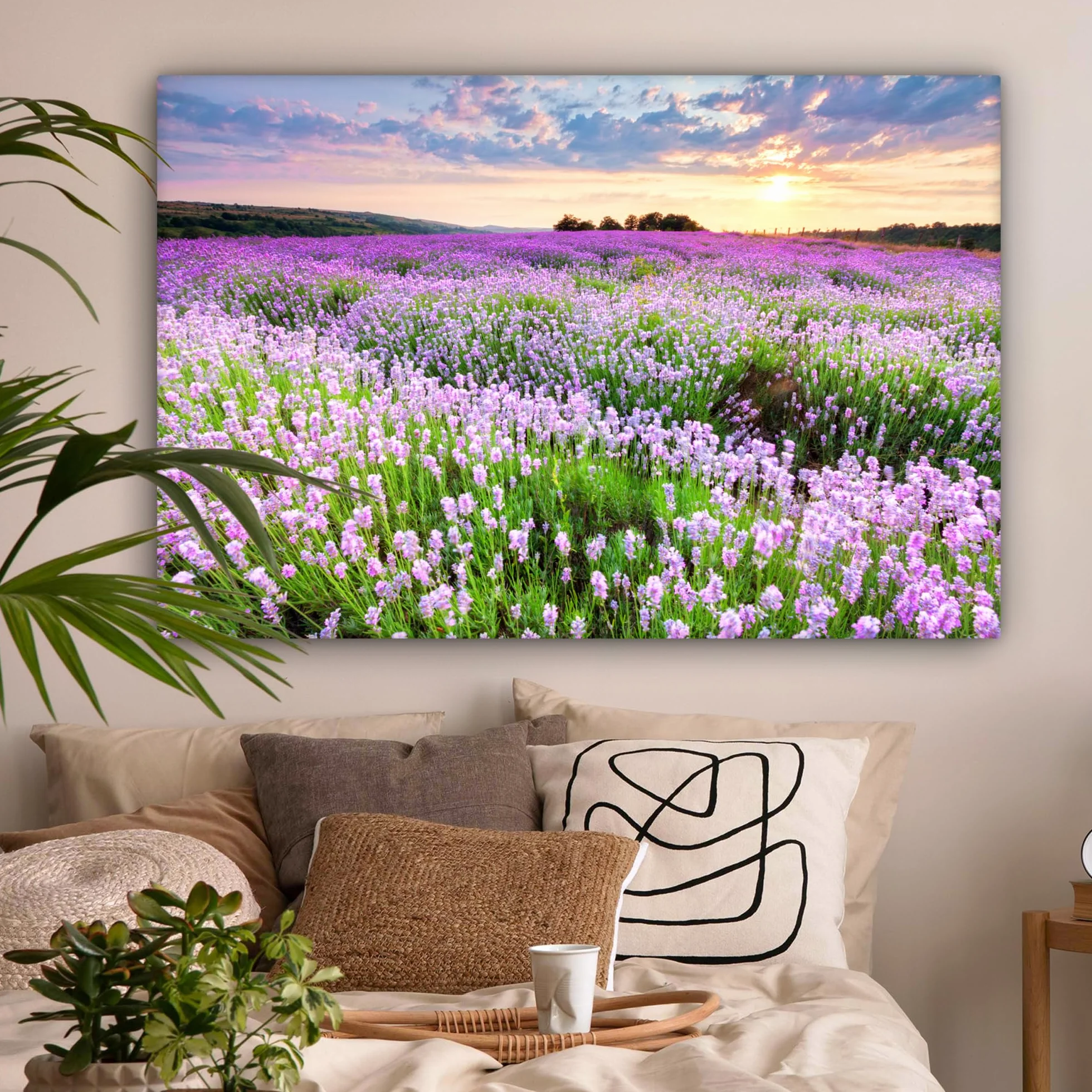 MuchoWow© Quadro su Tela 120x80 cm Stampe da Parete Quadri Cucina Camera da Letto Dipinto Arredamento Casa Fiori - Lavanda - Viola - Cielo - Tramonto - Prato - Natura
