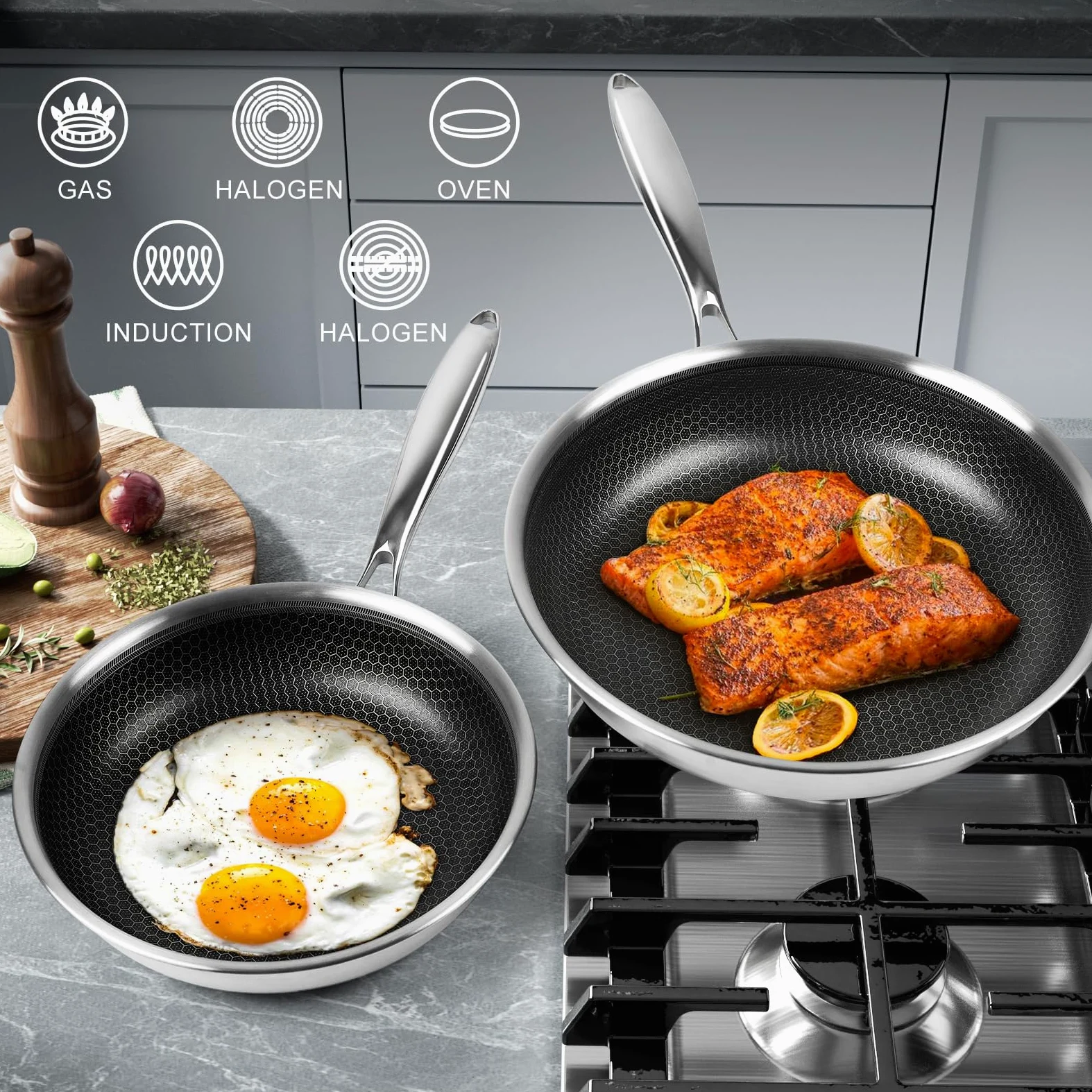 Innerwell Set di padelle Antiaderente 24/28 cm, 2 Pezzi Padella Acciaio Inox Induzione con Coperchio, Rivestimento a nido d'ape antigraffio, Padelle Adatte Per Forno, Universali Pentole, Senza PFOA