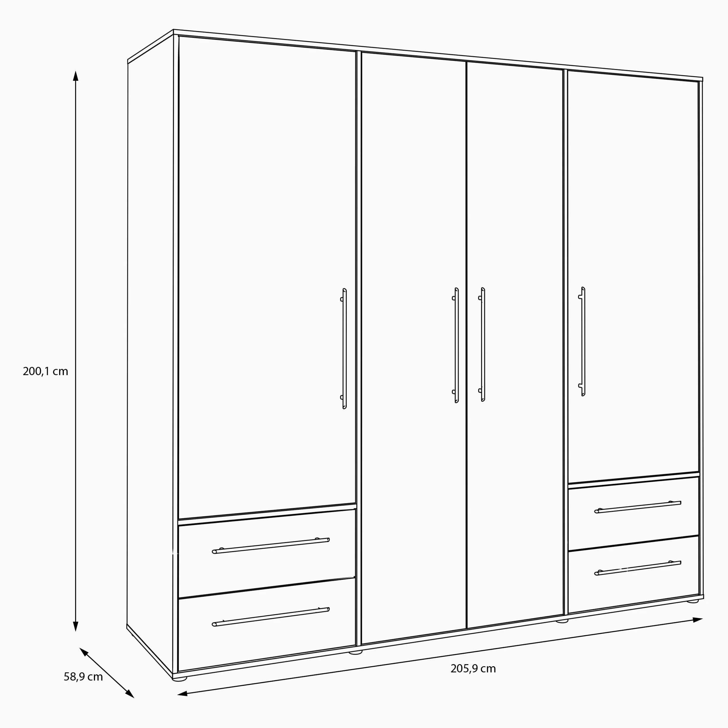 Forte Jupiter 200 210 - Armadio a 4 ante a 4 ante con 4 cassetti, in legno, colore nero opaco, larghezza 205,9 cm, altezza 200,1 cm, profondità 58,8 cm