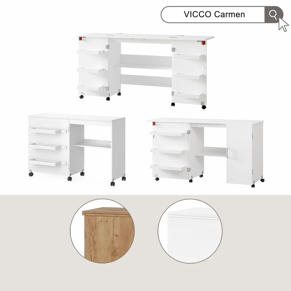 Vicco Tavolo da cucito Carmen Bianco 160x80.2 cm pieghevole con ruote