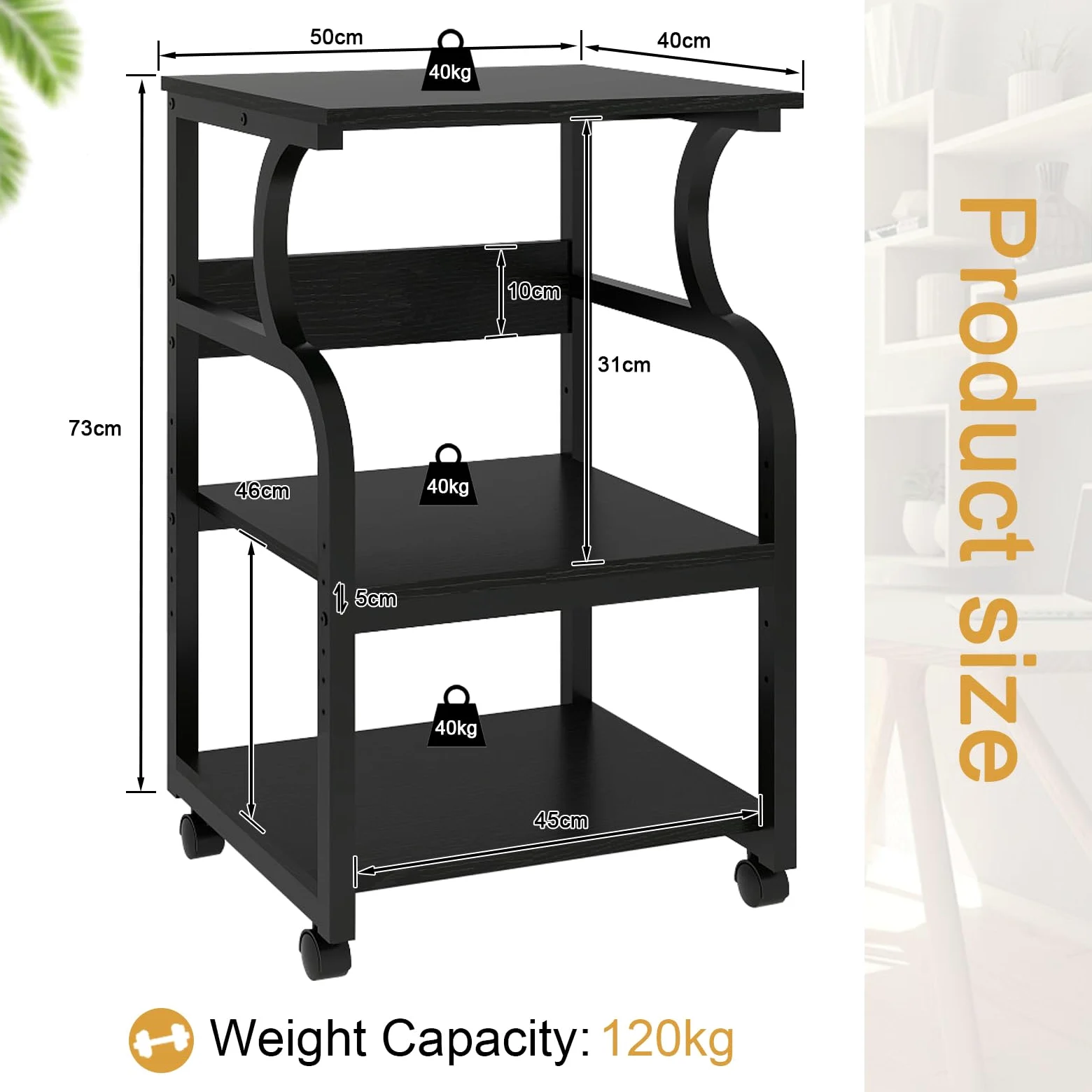 PUNCIA Grande supporto per stampante, 50 x 40 x 73 cm, con ripiano regolabile, carrello a 3 livelli con ruote per organizzazione di casa e ufficio, ripiani multifunzione per pressa a caldo, stampante