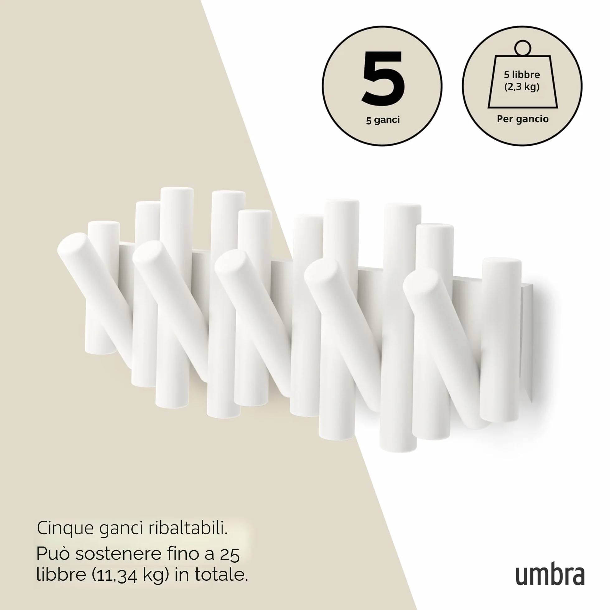 Umbra Picket 5 Appendiabiti da Parete Bianco Pino
