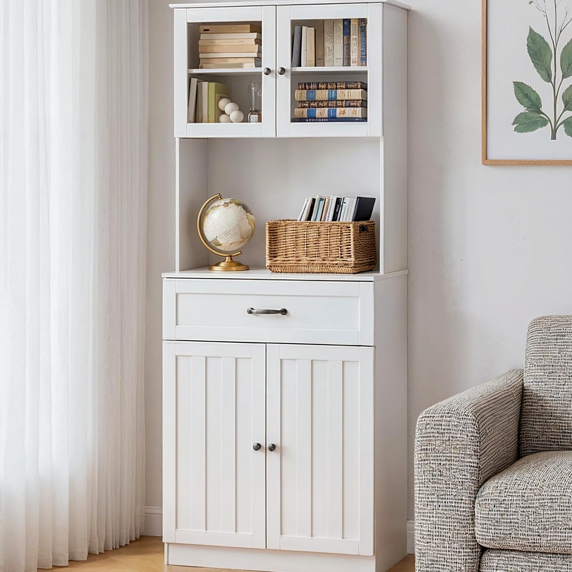 Credenza Cucina Alta,Mobile Dispensa Cucina,Armadio Buffet con 4 Ante e 1 Cassetti,con Ripiani Regolabili Scaffale per Microonde,73 x 40 x 180CM, Bianco