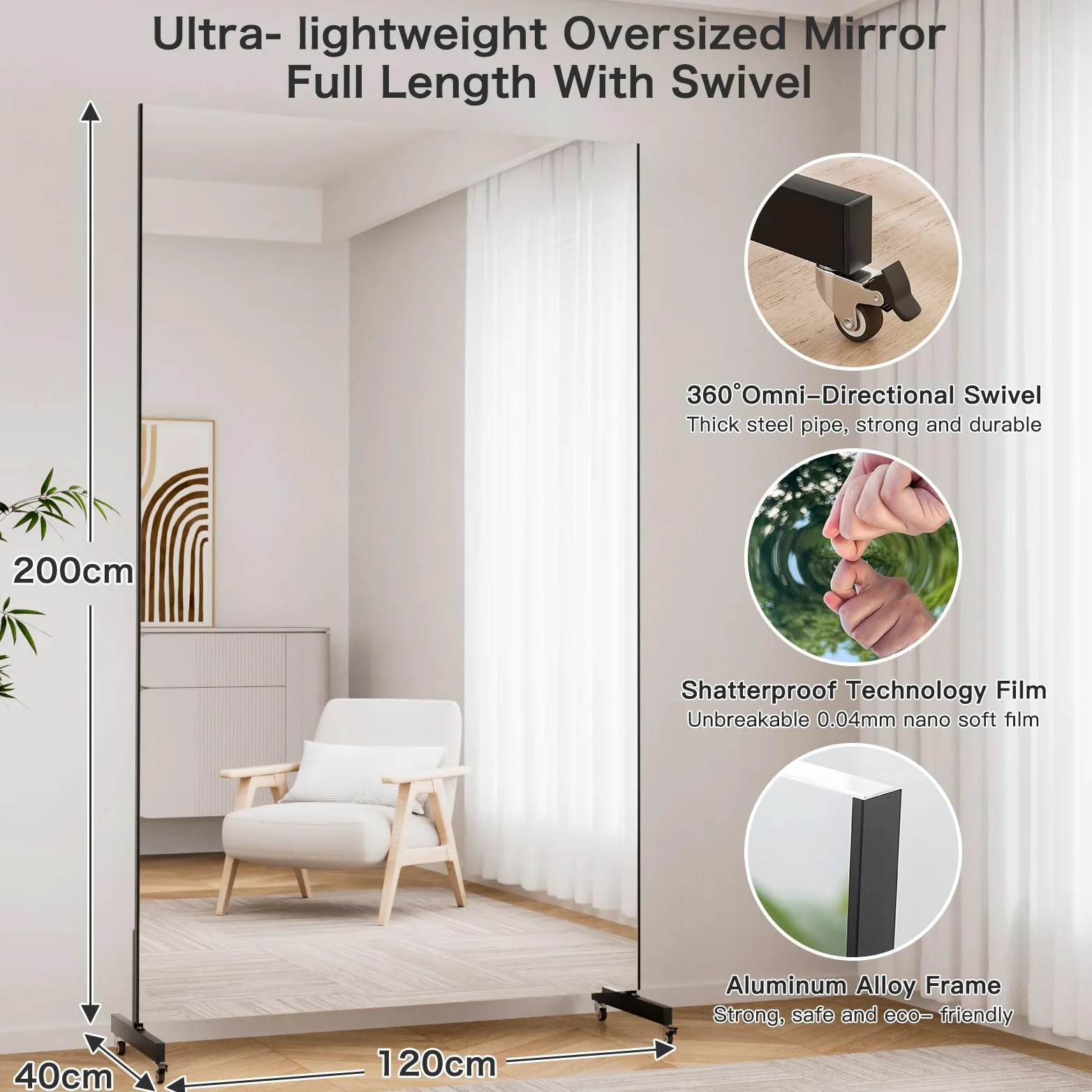 brisafe Specchio Palestra Grande, 120 x 200 cm Specchio da Terra Moderno con Base a Ruote, Nano-Specchio, Super Leggero e Infrangibile per Yoga, Terapia, Spogliatoio, Nero