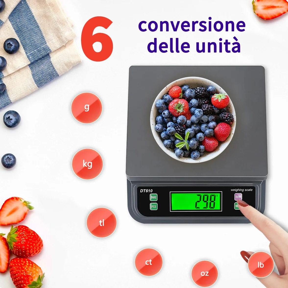 Bilancia Cucina Digitale 30kg Bilancia Professionale per Alimenti Bilancia Cucina con g,oz,lb,kg,TL,ct 6 unità con Funzione PCS e Tare Bilancia da Cucina con Display LCD E Adattatore