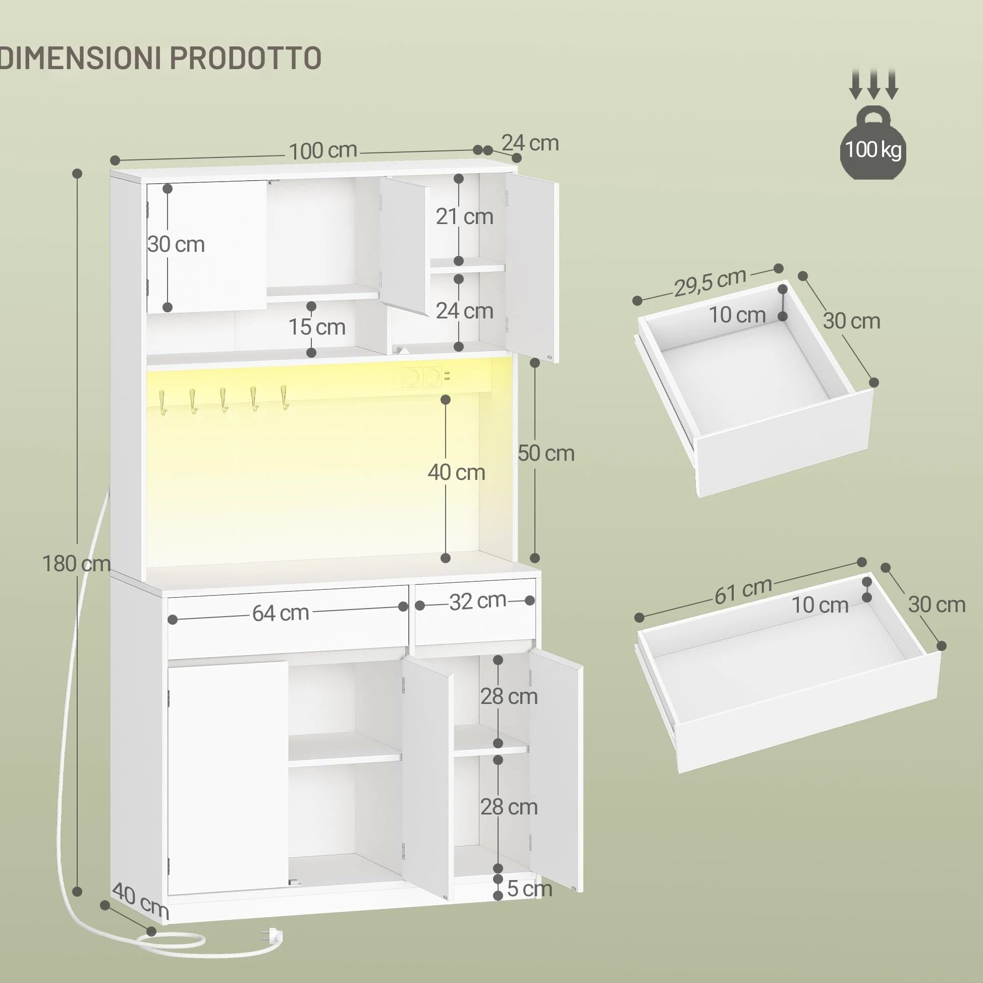 Hzuaneri Credenza Cucina Alta, Credenza Soggiorno, con Multipresa e Striscia Luminosa a LED, Ampia Superficie di Lavoro, Ripiani Regolabili, Cucina, Soggiorno, 40 x 100 x 180 cm, Bianco PT00203XEU