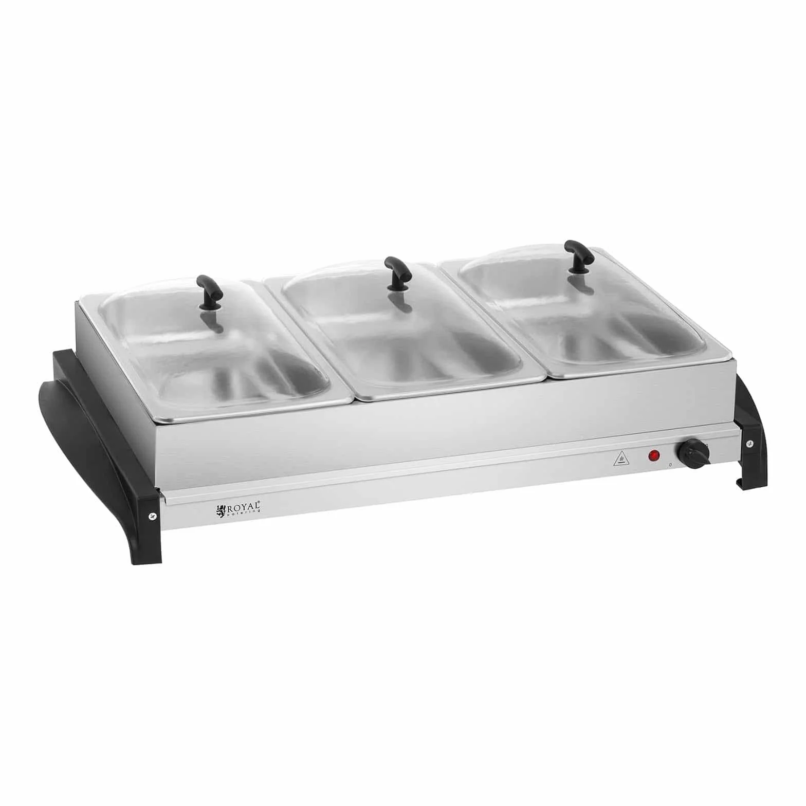 Royal Catering RCHP-400/3 Scaldavivande Elettrico Piano Caldo per Buffet (3 x 2 L, 400 W, 52,5 x 35,5 cm, Temperatura 45–85 °C, Acciaio Inox, Vetro Acrilico)