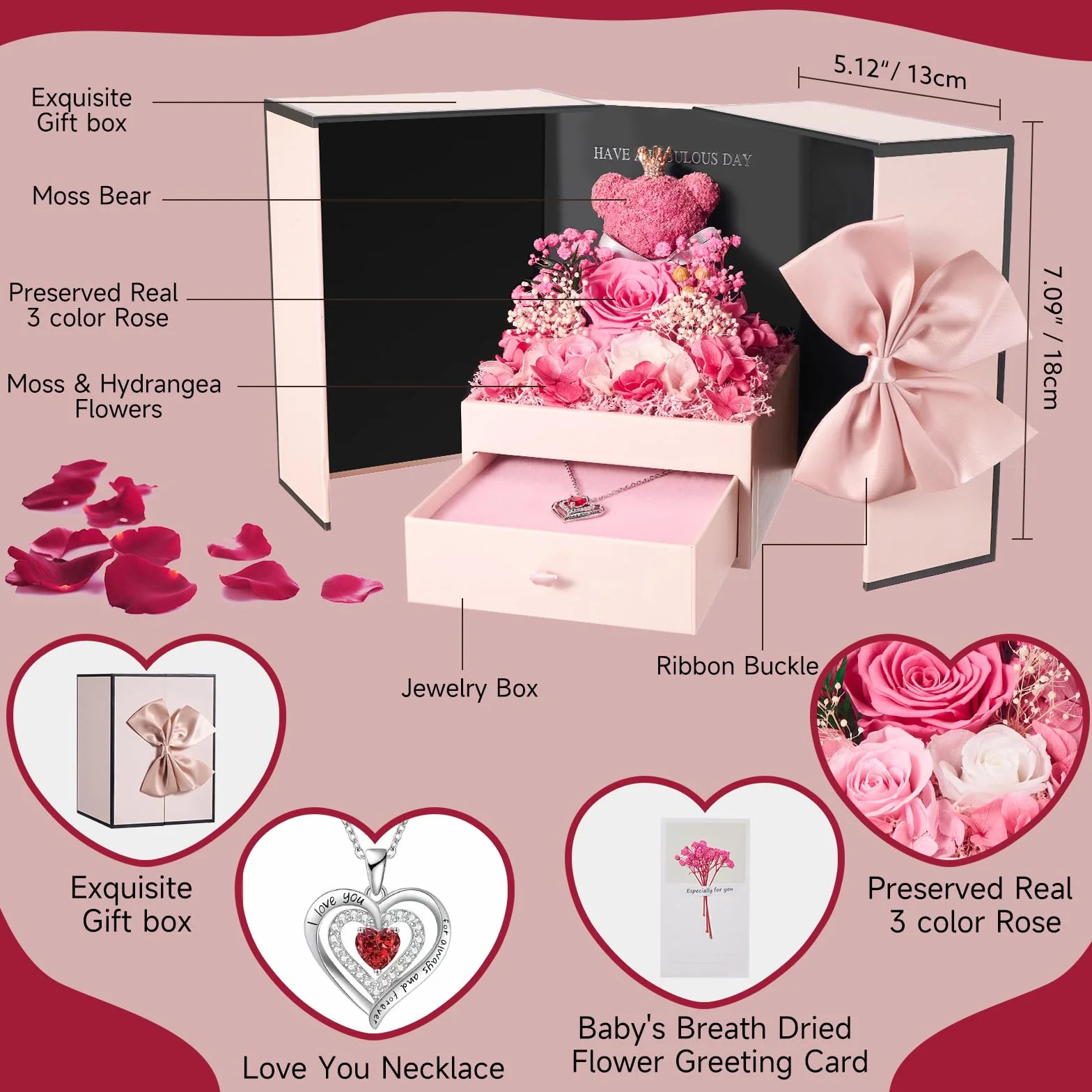 Rosa Eterna Regalo Donna, Collana e Orso di Muschio, Preservada Fiori Confezione Regalo per Festa Mamma, Natale, Compleanno, San Valentino
