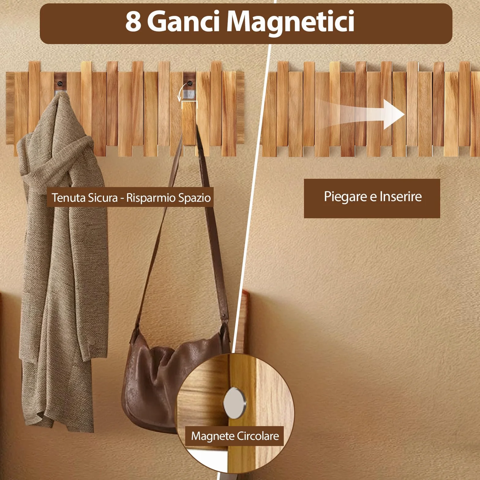 Ganci Pieghevoli in Legno, Appendiabiti da Parete in Rovere 42,5 x 16 x 2,5 cm