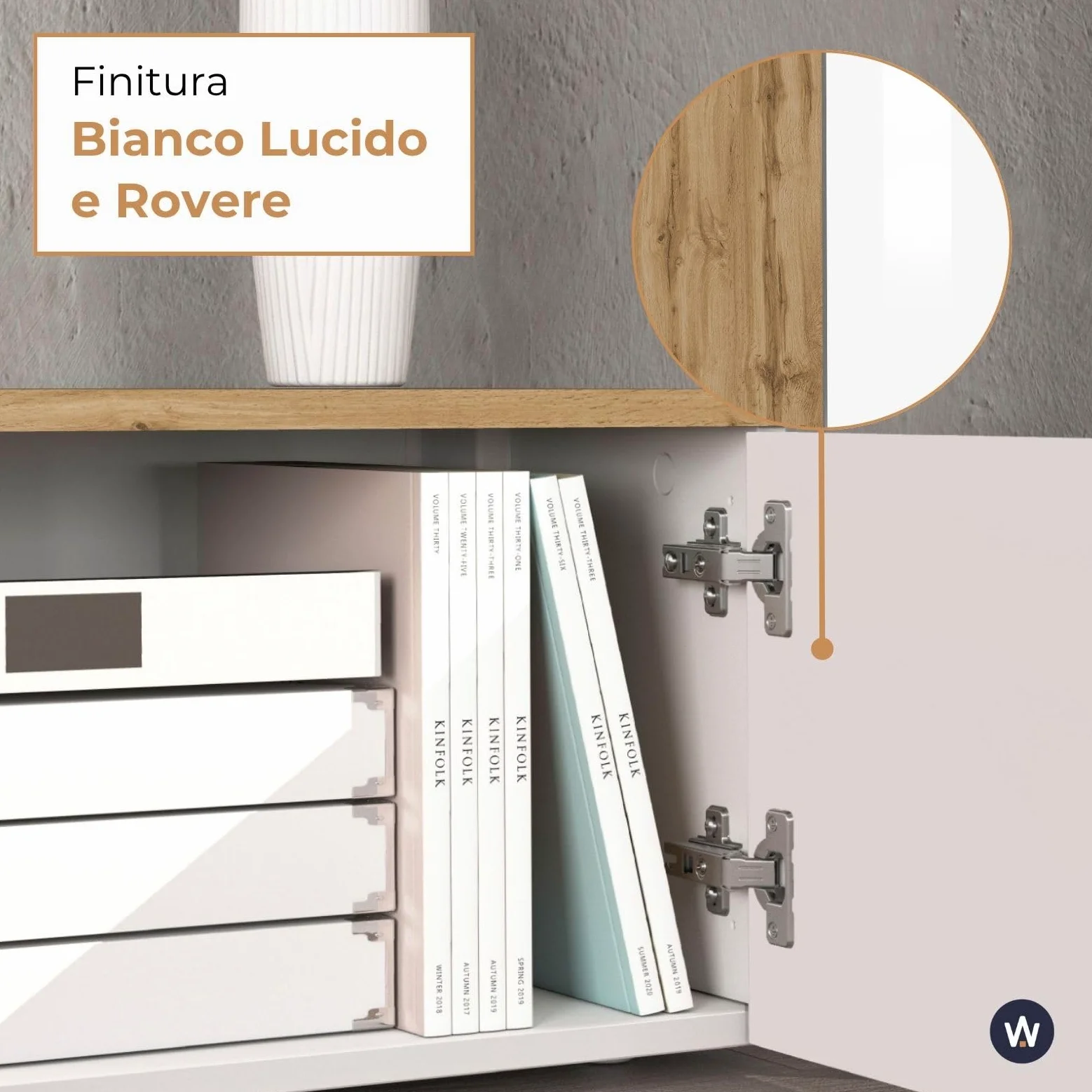 WHOUS Mobile Porta TV Sospeso ISEO per Soggiorno con 2 Ante e 1 a Ribalta, Mobile Tv a Parete per Salotto, 200x35x30 cm, Bianco Lucido e Rovere